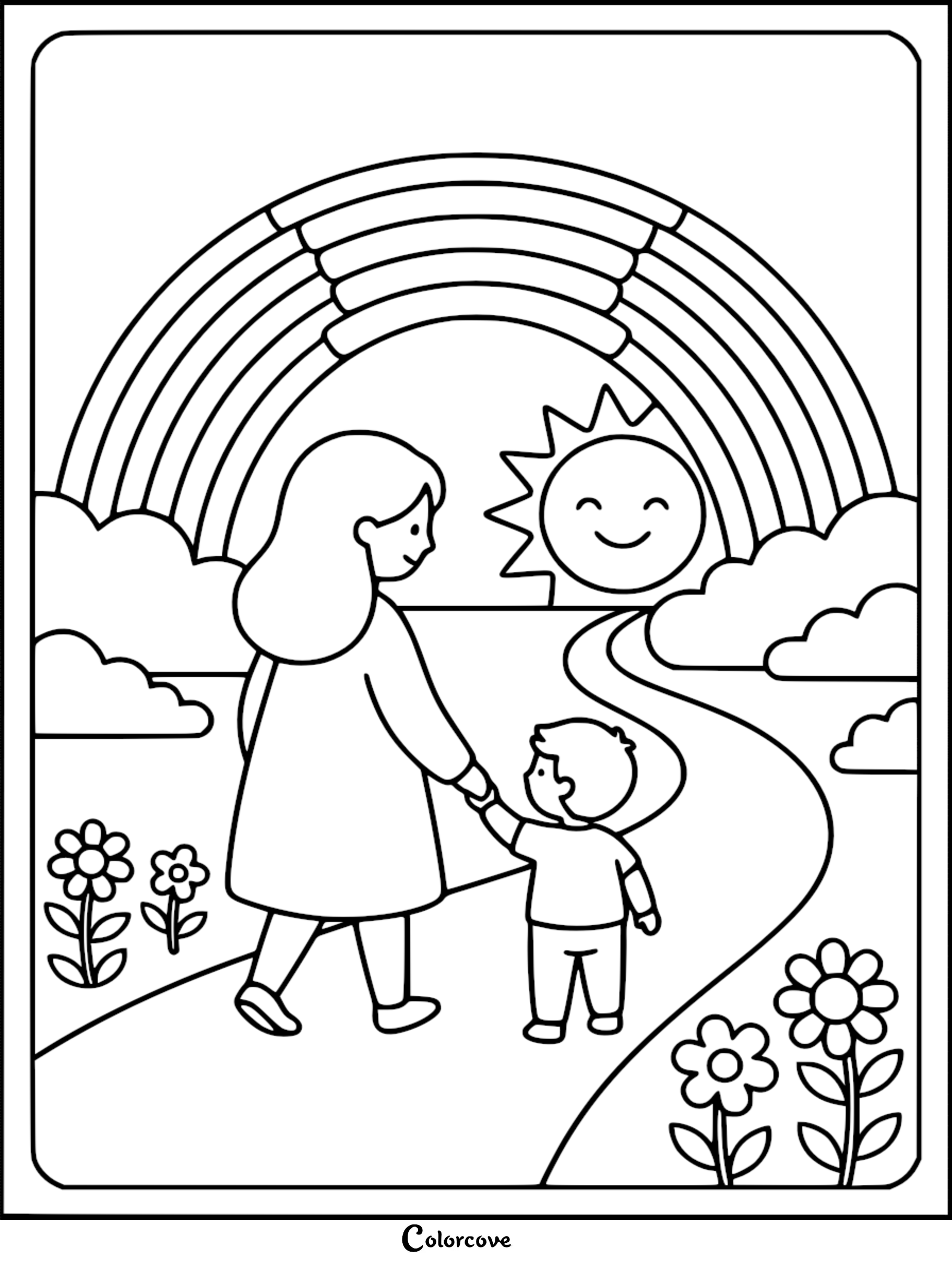 A Mommy and Me coloring page featuring a mother and son walking hand-in-hand on a path toward a smiling sun and a large rainbow, surrounded by flowers and clouds.