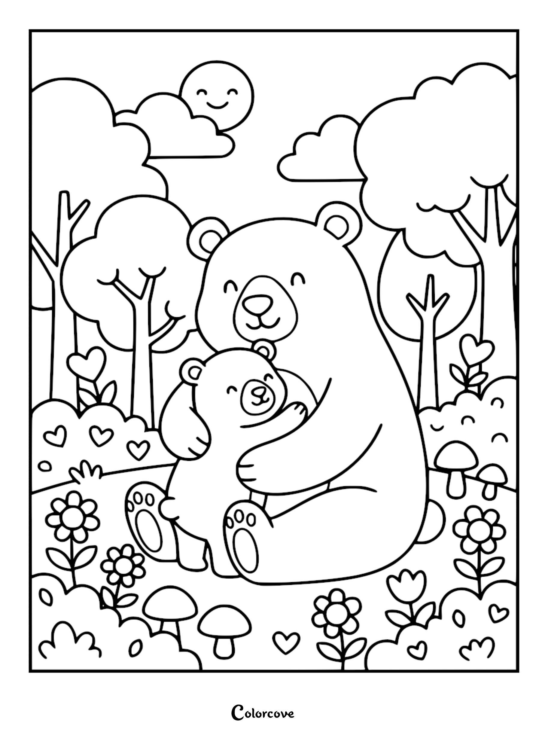 A sweet Mommy bear hugging her baby cub in a forest clearing, featuring heart shapes, flowers, and a smiling sun in this cute line art coloring page.