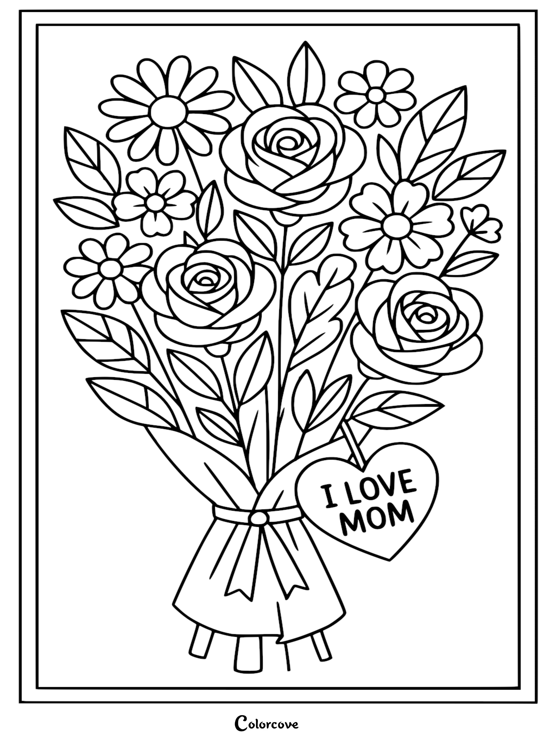 A bouquet of roses and daisies in a wrapped bundle with an I Love Mom heart tag, line art coloring page.