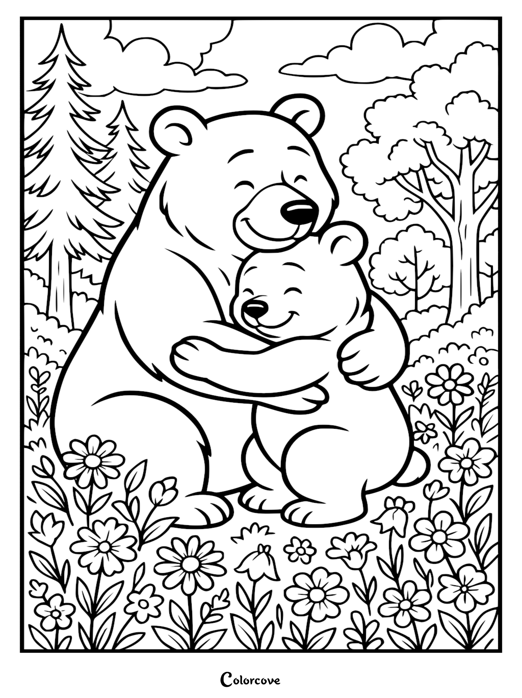 A sweet Mommy & Me bear hug coloring page featuring a mother bear embracing her cub in a sunlit meadow filled with daisies.