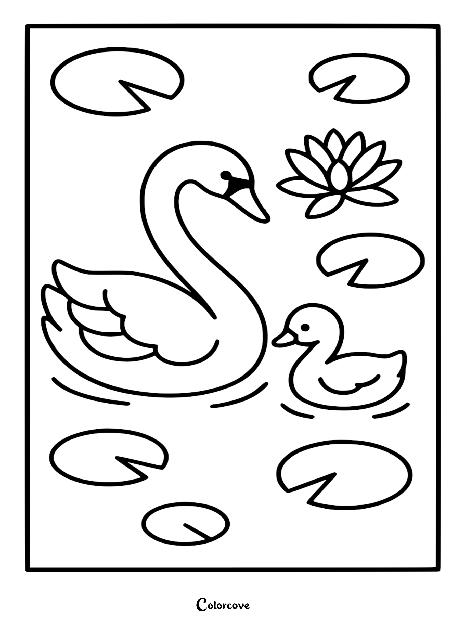 Mommy swan and baby cygnet swimming in a pond with lily pads and a lotus flower coloring page