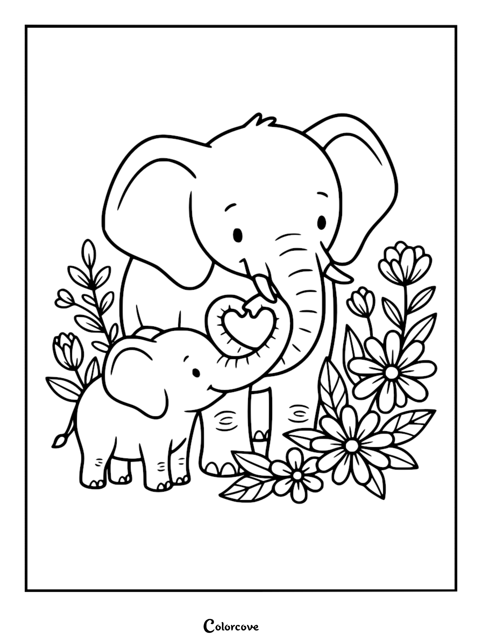 A Mommy & Me elephant coloring page featuring a mother elephant and her baby trunk-to-trunk in a heart shape, surrounded by wildflowers and leaves.