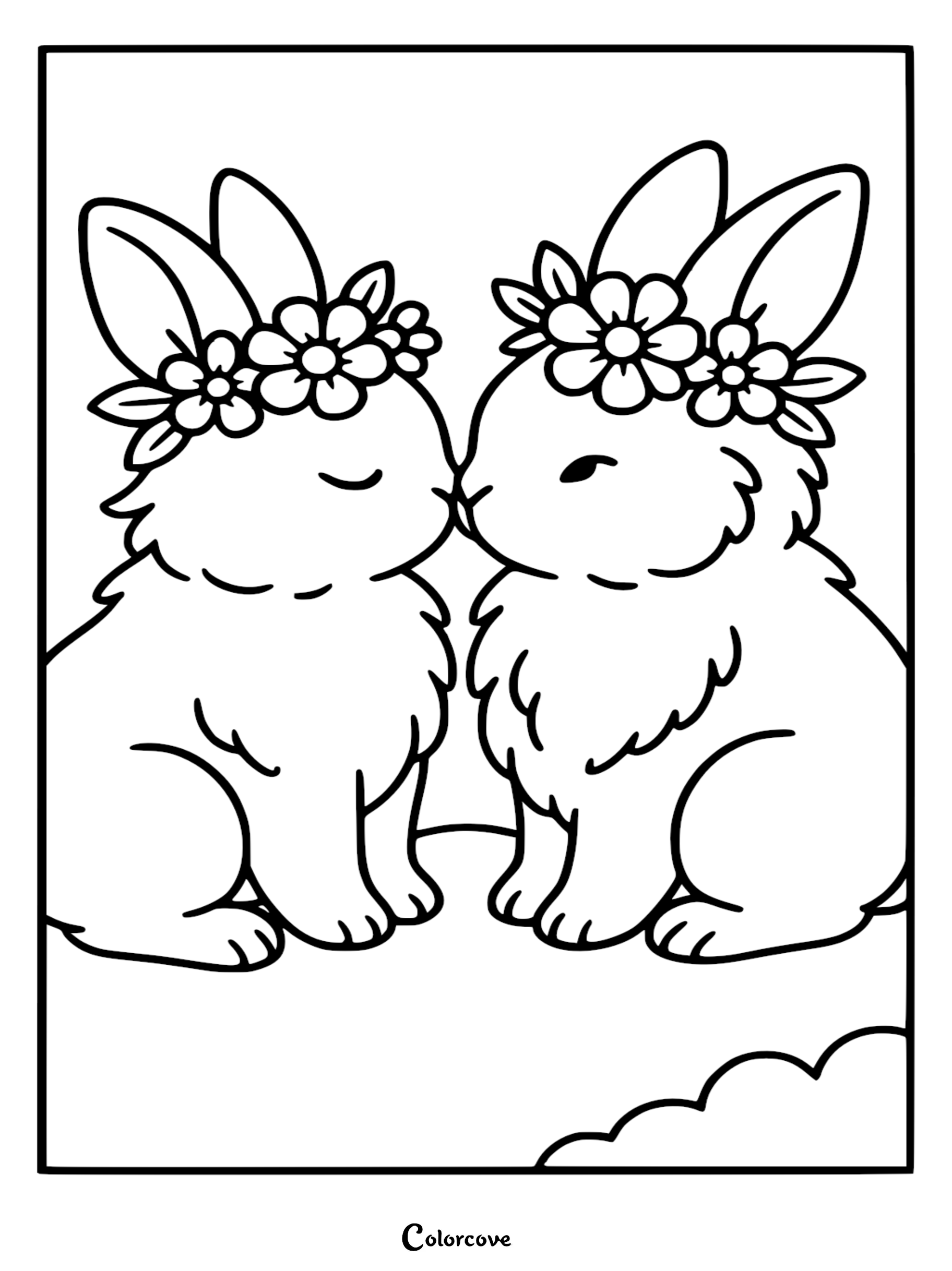 Mommy and me bunny rabbits wearing daisy flower crowns, nose to nose, printable line art coloring page.