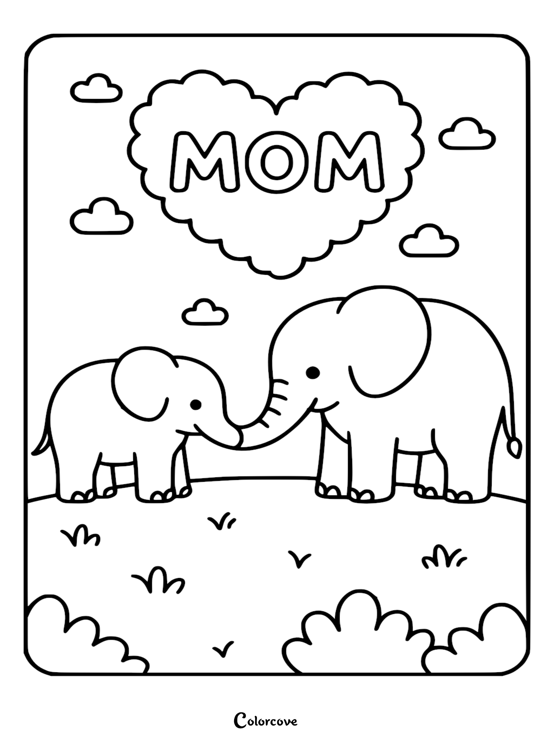 A Mommy and Me elephant coloring page featuring a mother and baby elephant touching trunks under a heart shape with the word MOM inside and soft clouds in the background.