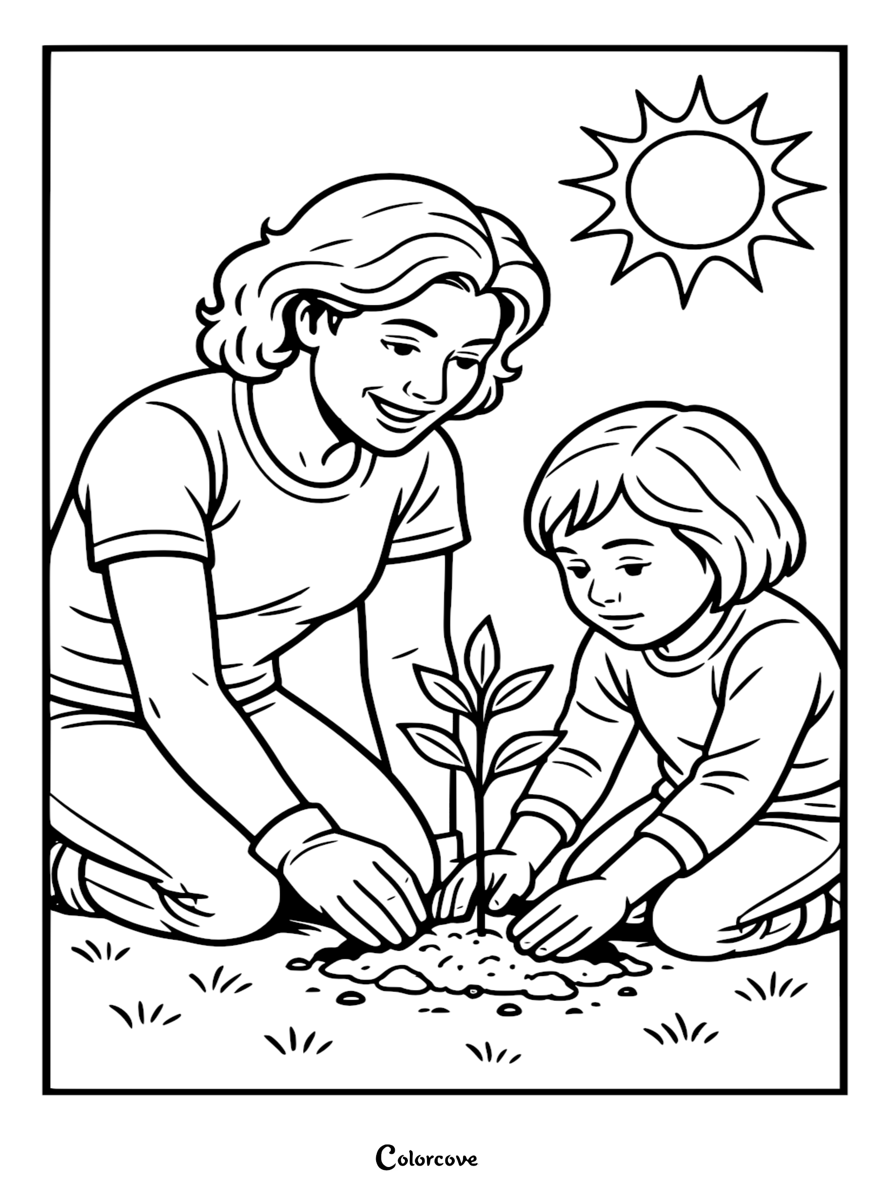 A Mommy and Me coloring page featuring a mother and daughter kneeling in the dirt, carefully planting a small green seedling under a bright sun.