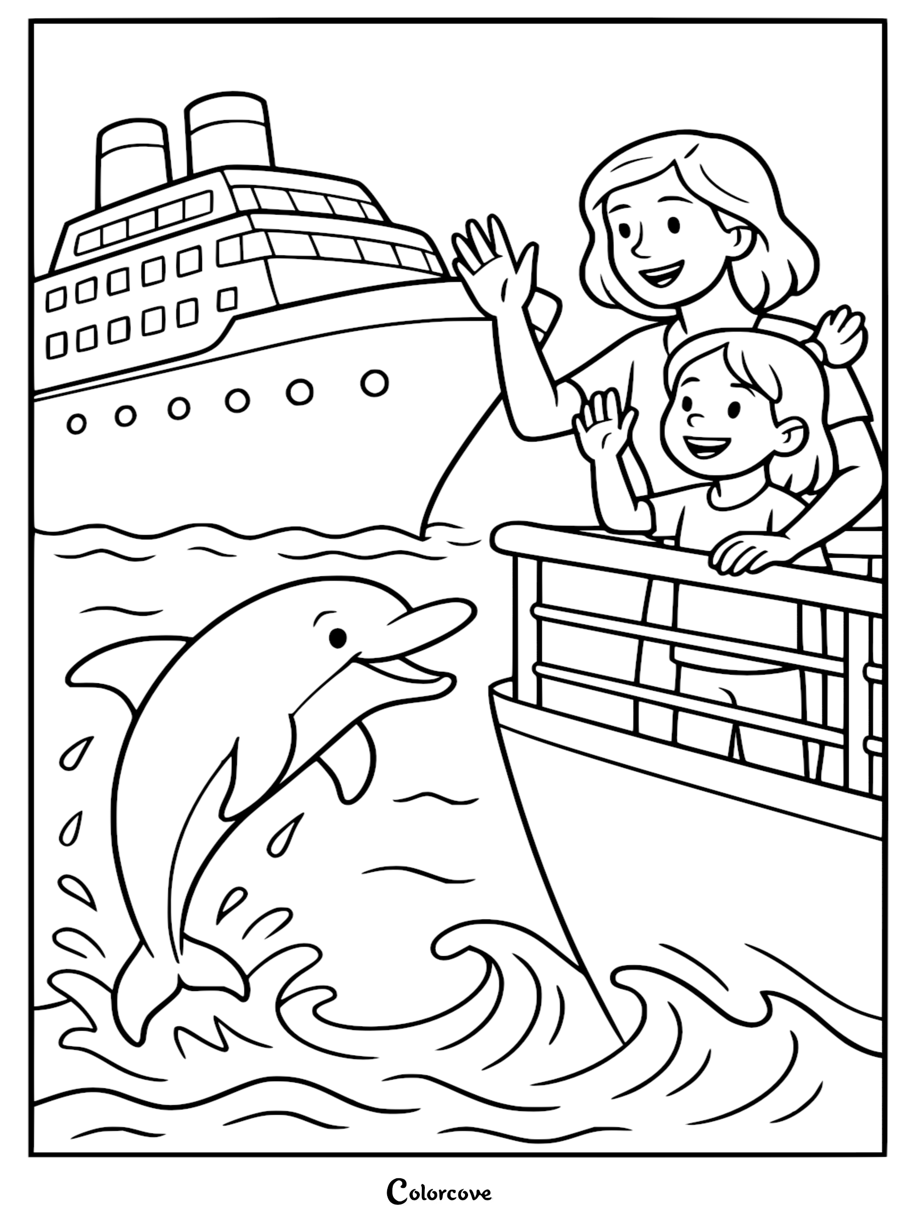 A Mommy & Me coloring page featuring a mother and daughter waving at a jumping dolphin from a cruise ship deck.