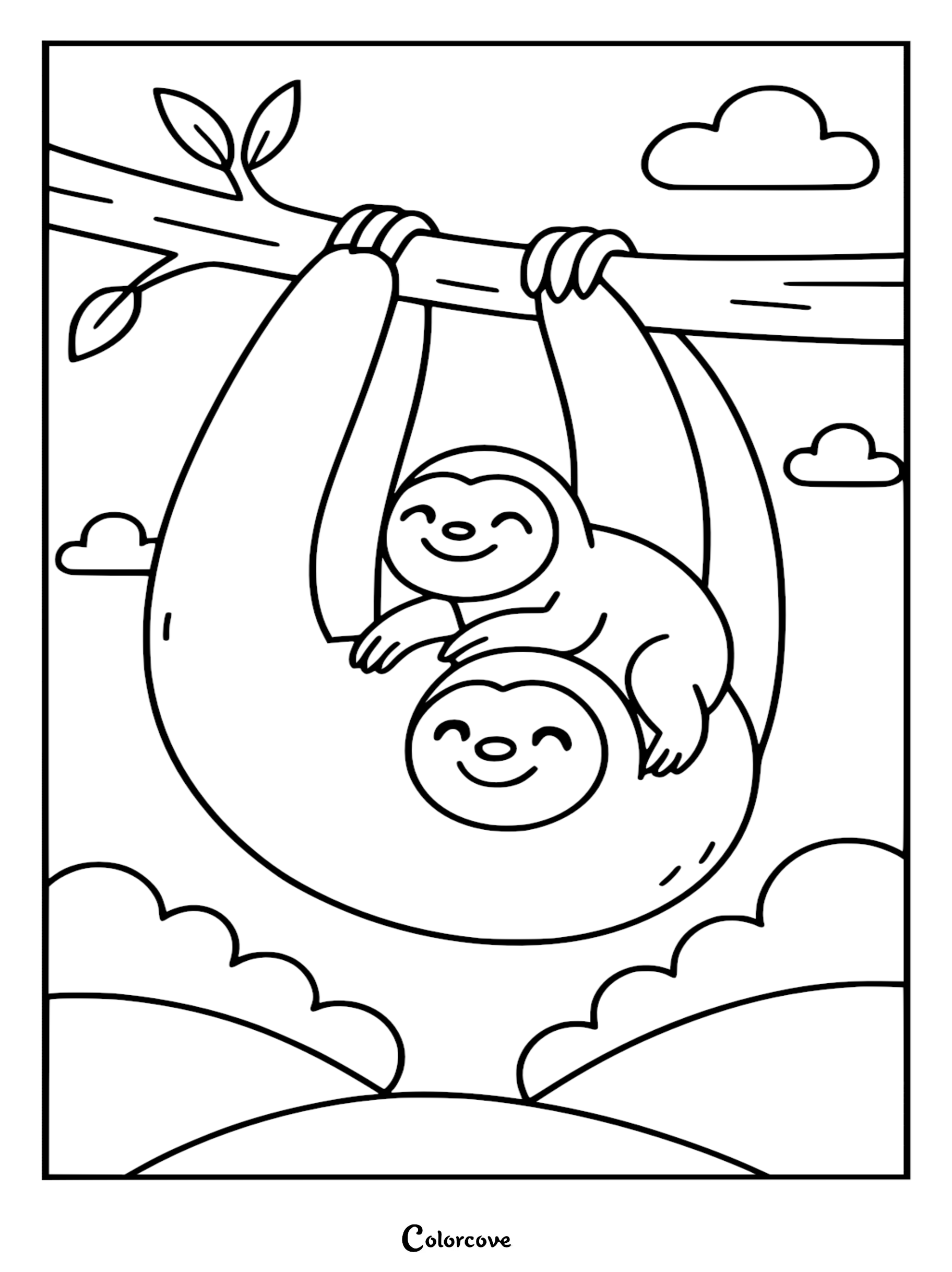 A cute Mommy & Me sloth coloring page featuring a baby sloth hugging its mother while hanging from a tree branch in a simple landscape.