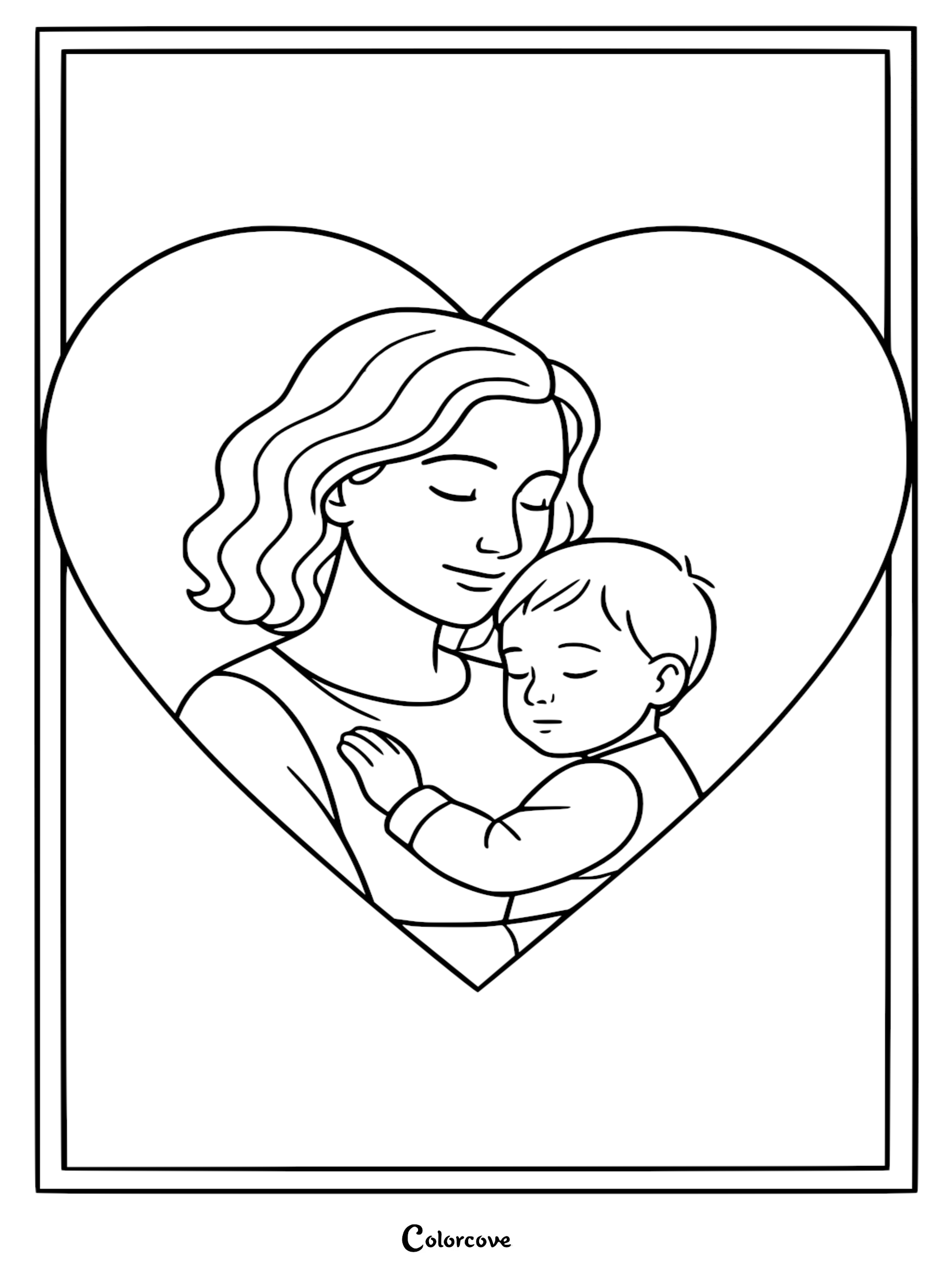 A printable coloring page featuring a mother lovingly cradling her infant child, both framed inside a large heart outline.