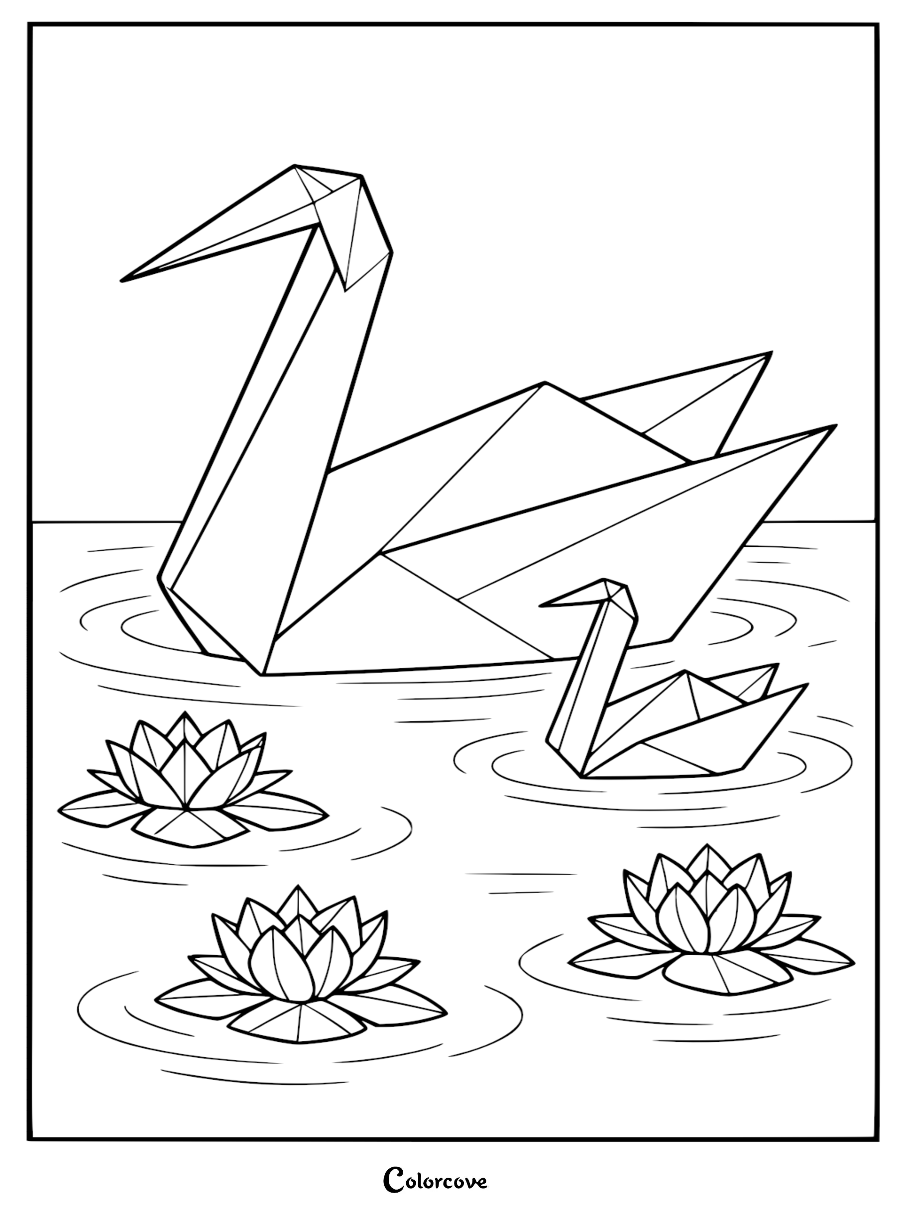 A Mommy & Me origami swan coloring page featuring a large swan and a baby swan floating among water lilies.