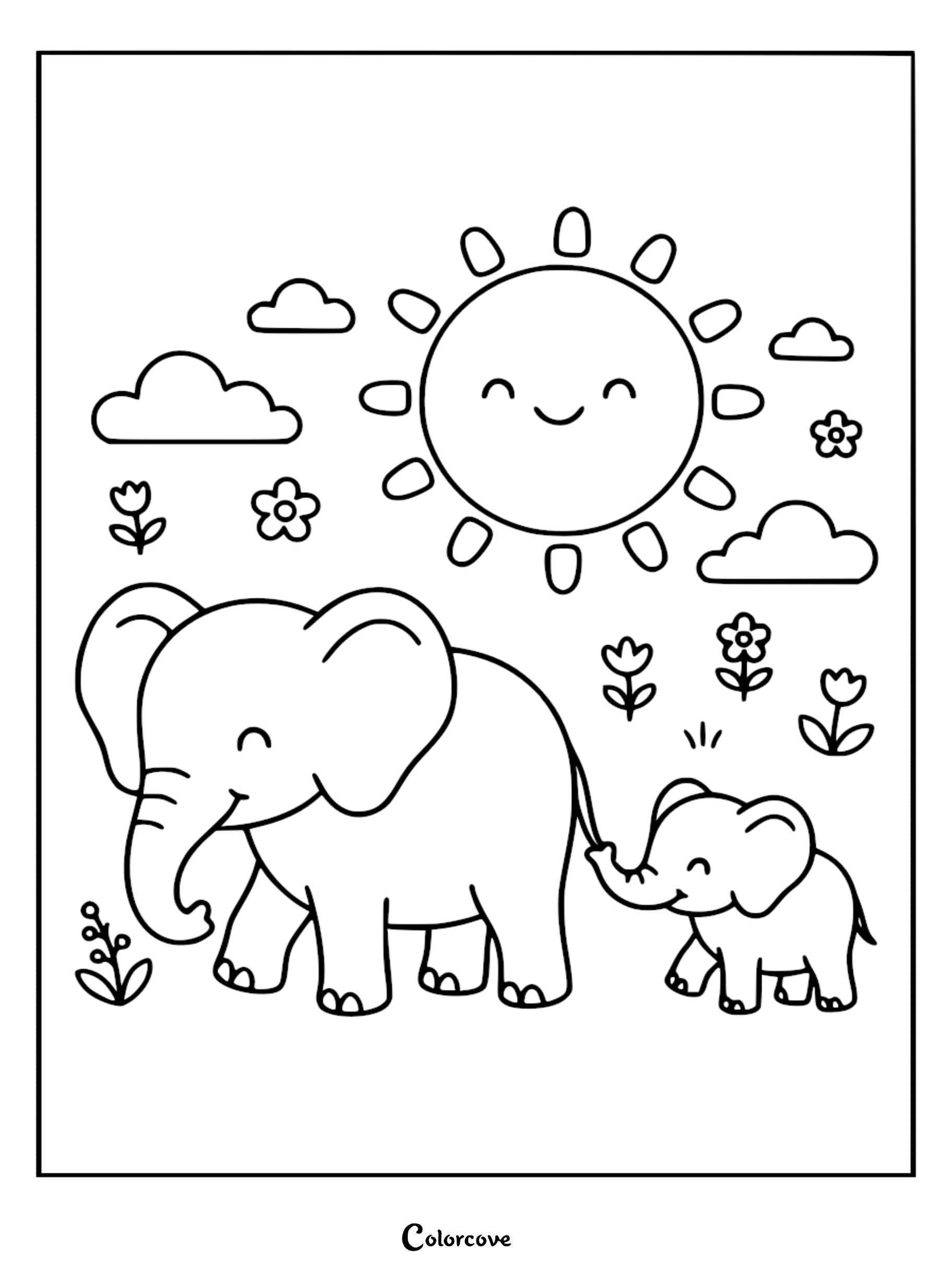 A cute Mommy & Me elephant coloring page featuring a mother elephant leading her baby by the tail under a smiling sun and clouds.