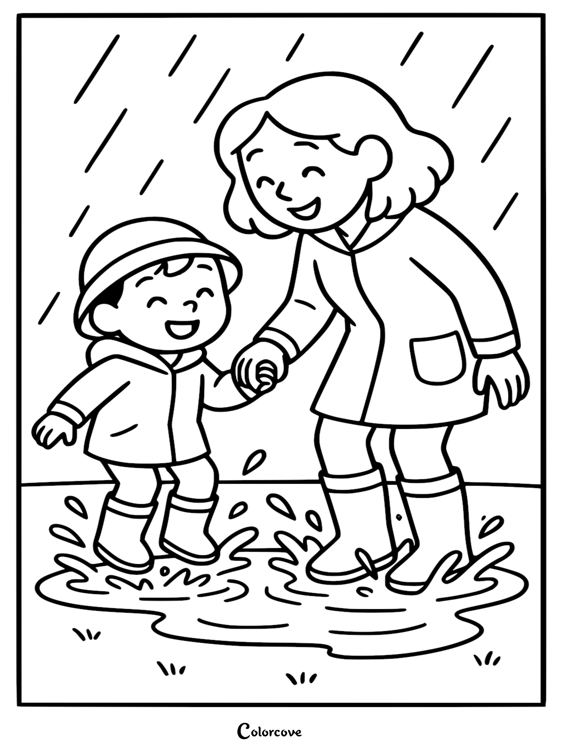 Mommy and child wearing raincoats and boots jumping in a puddle in the rain, outlined coloring page.