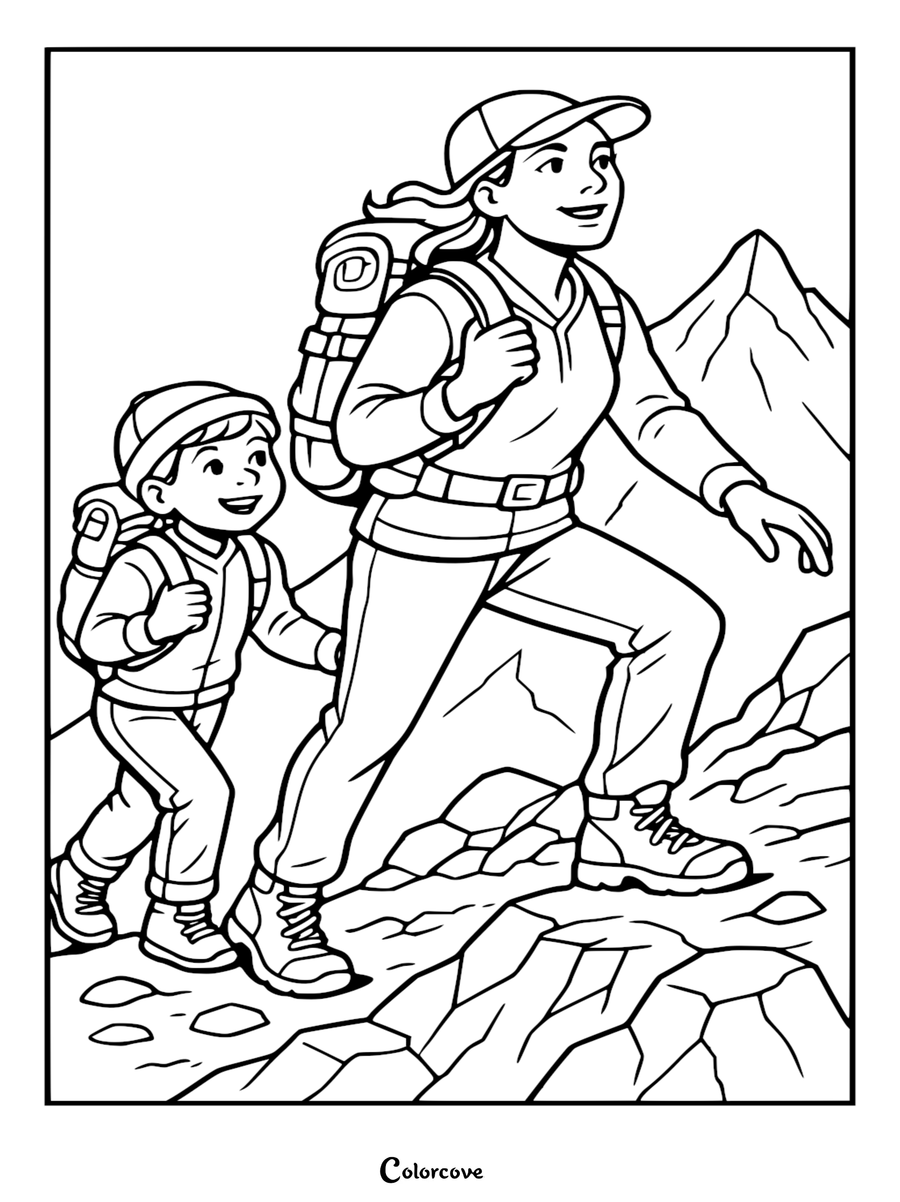 Mommy and child wearing backpacks and baseball caps climbing a rocky mountain path in a black and white printable coloring page.