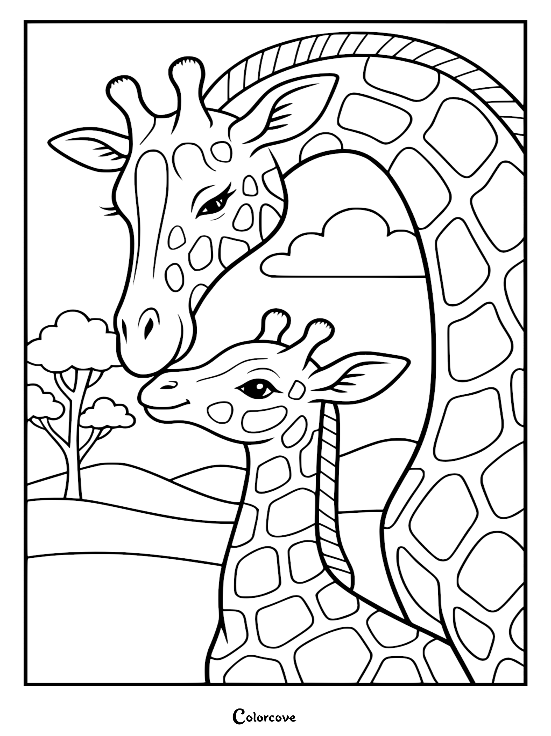 A Mommy & Me giraffe coloring page featuring a mother giraffe nuzzling her calf in an African savanna landscape with acacia trees.