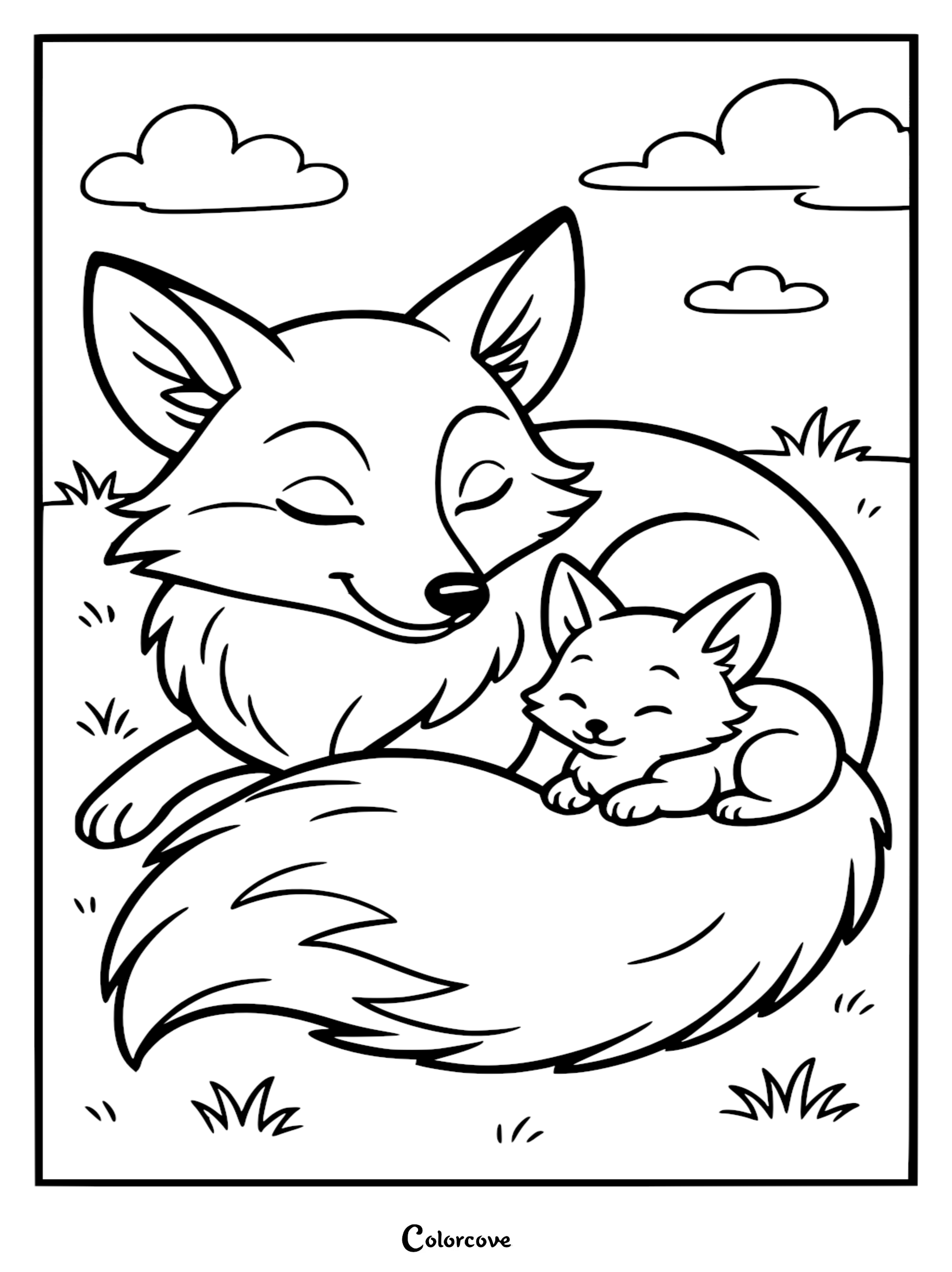 A sweet Mommy & Me fox coloring page featuring a mother fox resting with her baby kit in a grassy meadow under clouds.