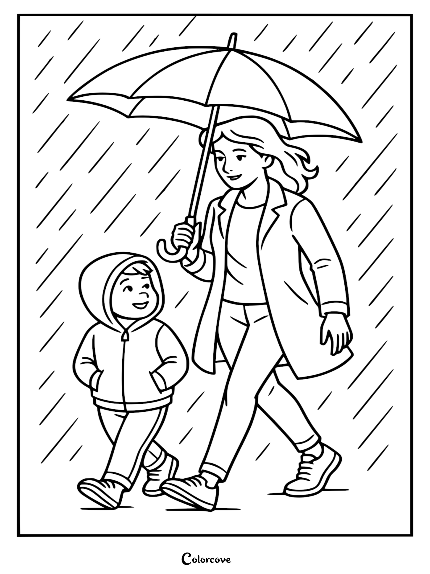 Mommy and child walking together under a shared umbrella in the rain, line art coloring page.