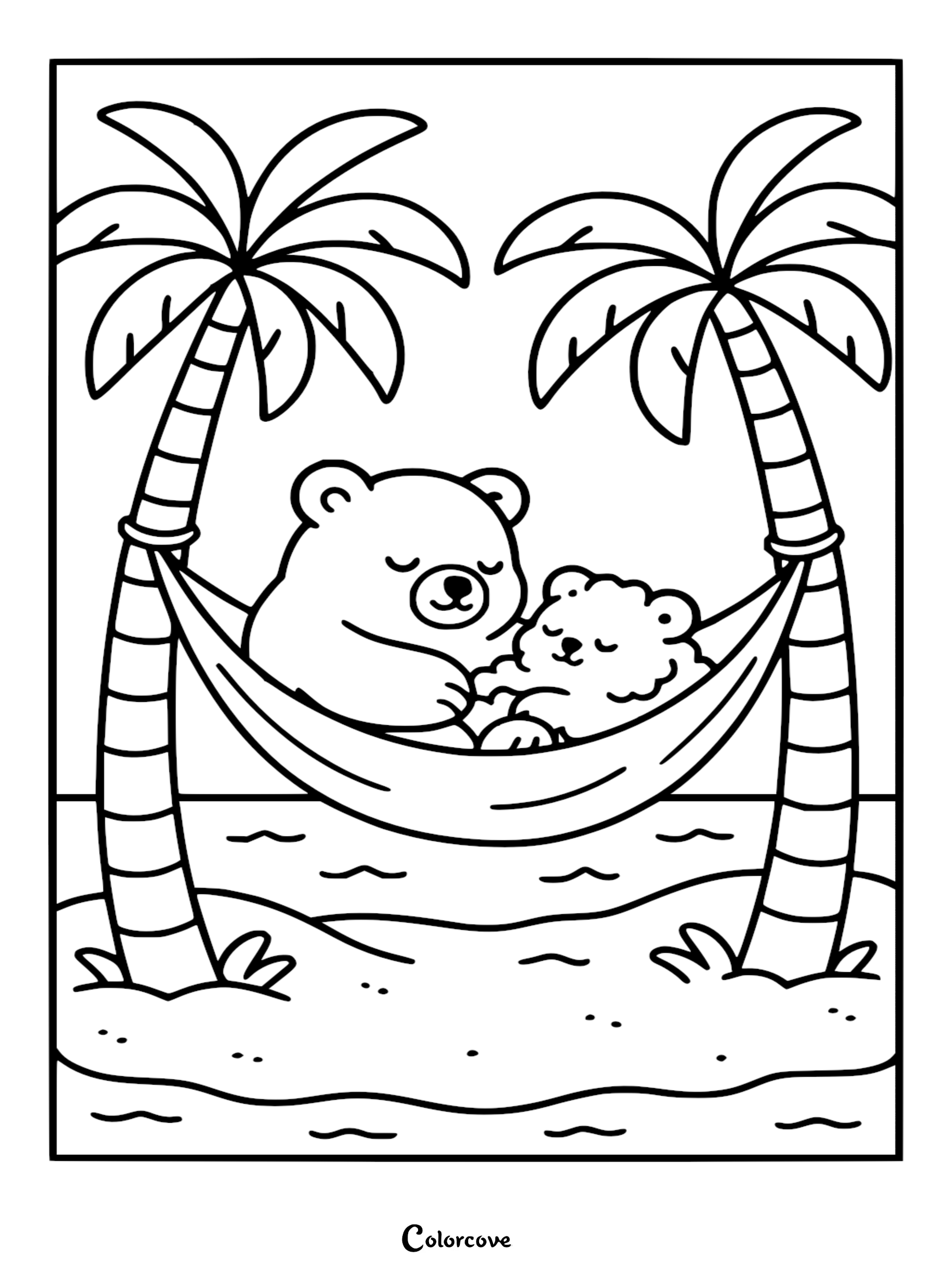 A Mommy & Me bear coloring page featuring a mother bear and her cub sleeping together in a hammock strung between two tropical palm trees on a sandy beach.