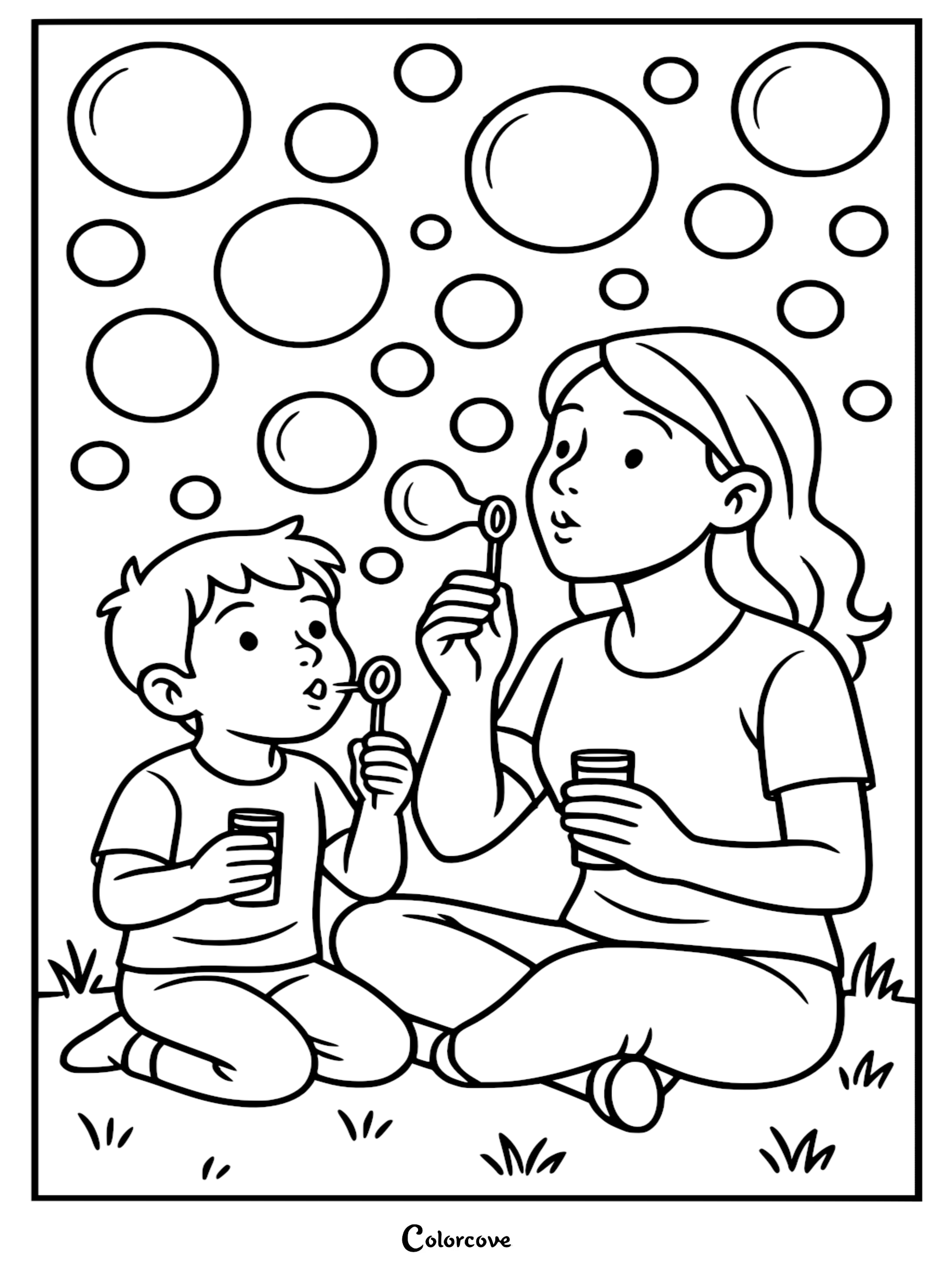 A Mommy and Me coloring page featuring a mother and her young son sitting in the grass, blowing bubbles with wands, surrounded by large floating bubbles.