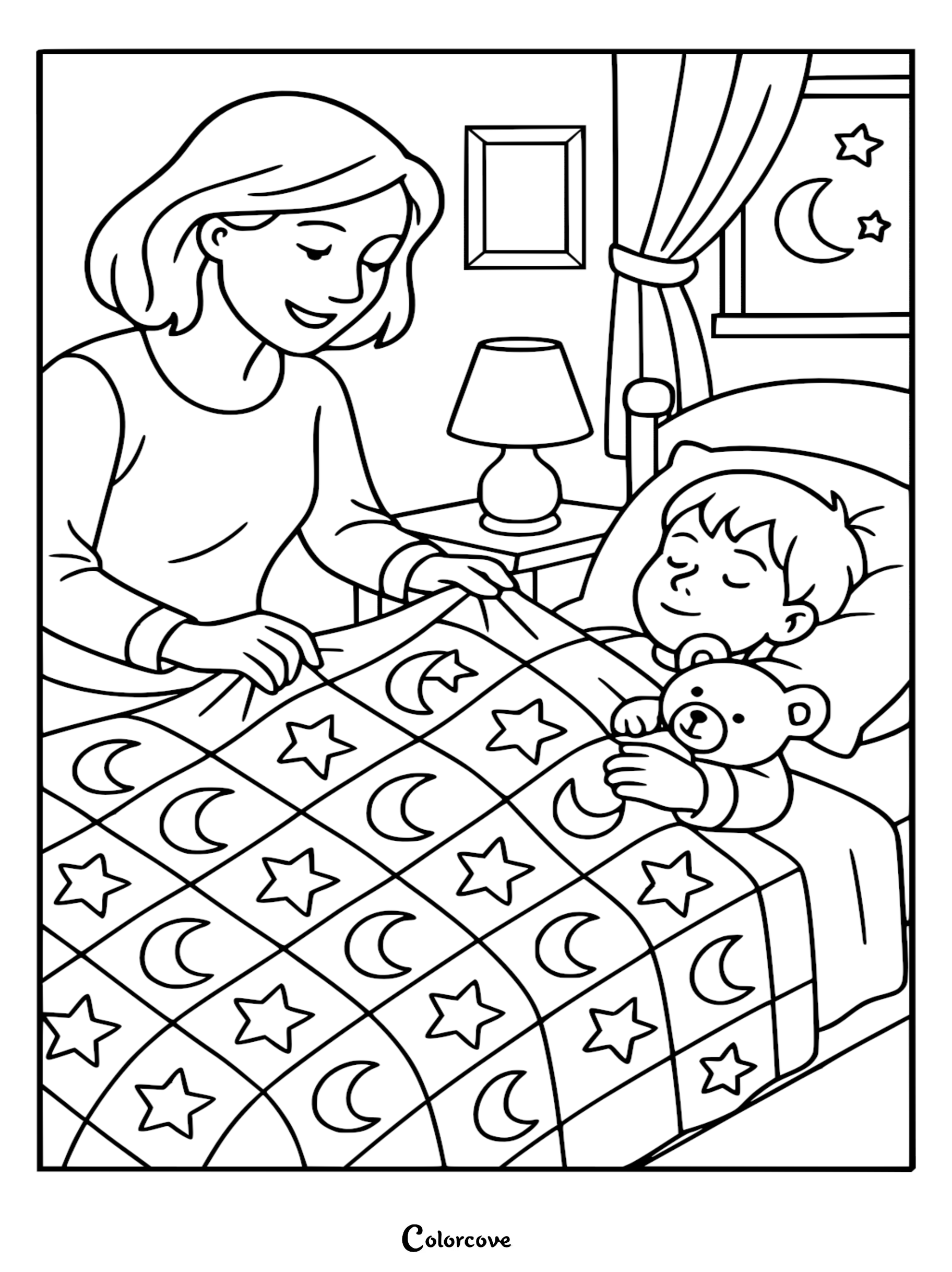 A Mommy & Me coloring page featuring a mother tucking her young child into bed with a moon and star patterned quilt while holding a teddy bear.