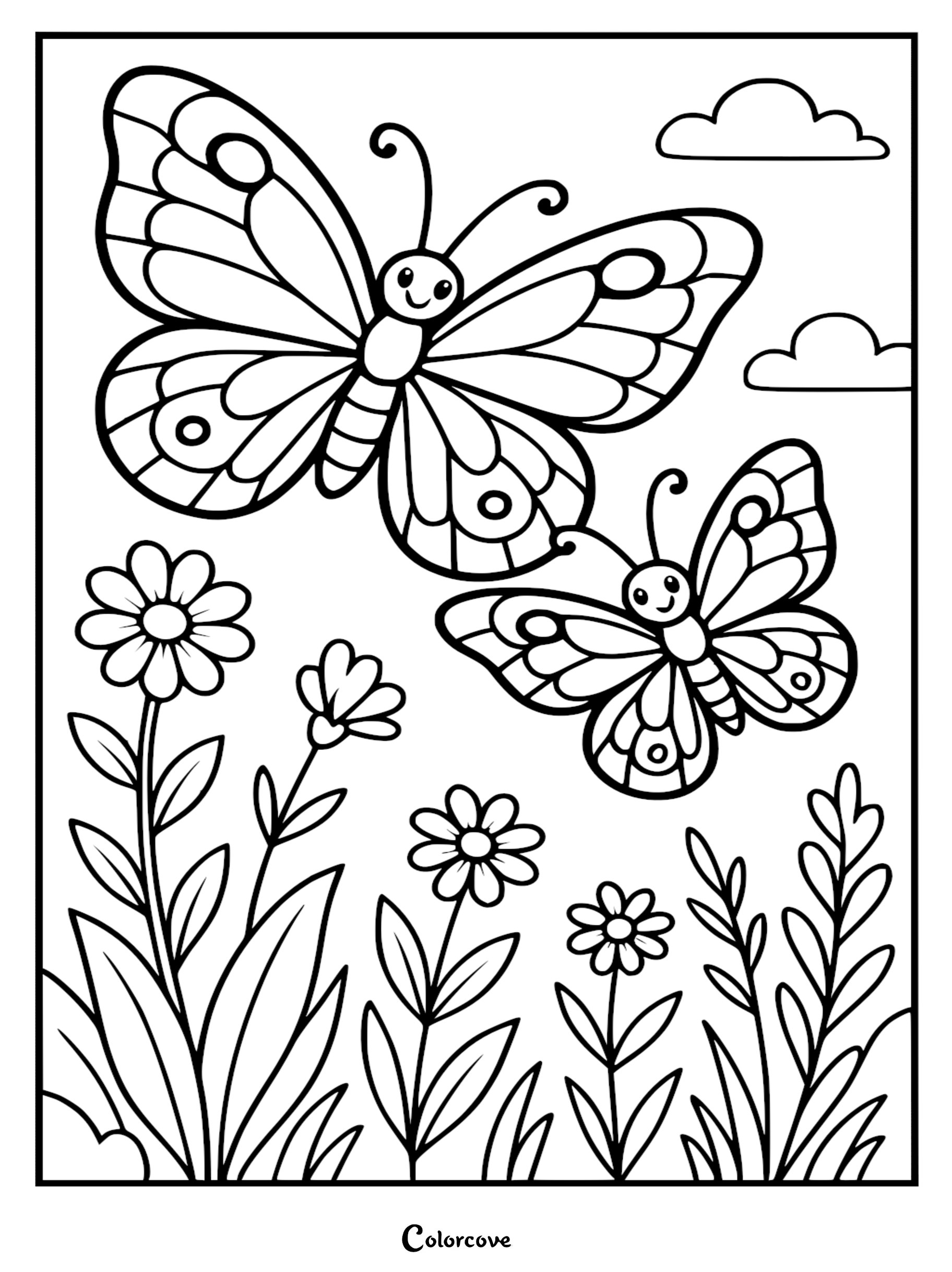 A Mommy & Me butterfly coloring page featuring a large mother butterfly and a smaller baby butterfly flying above a field of simple daisies and grass with puffy clouds in the background.