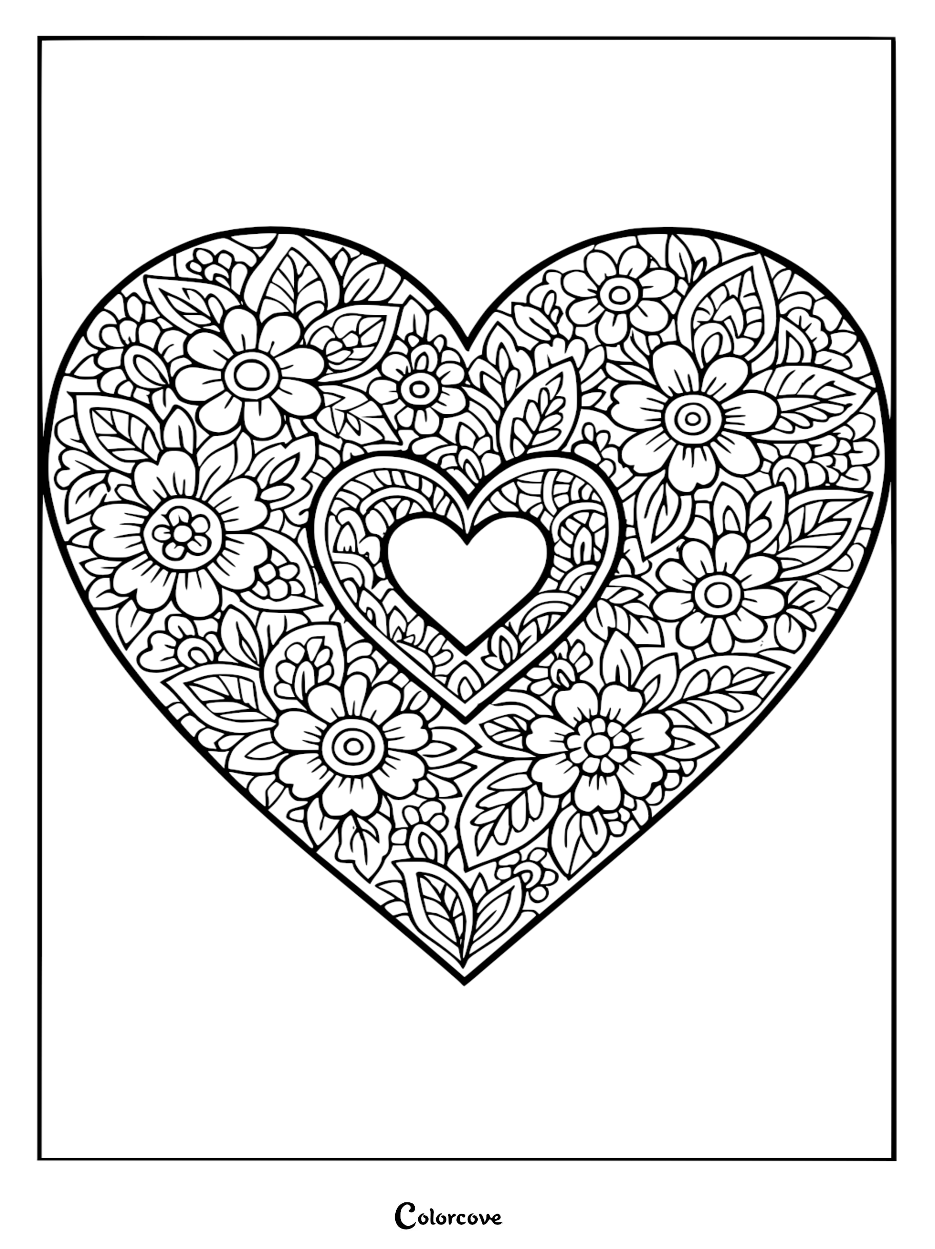 A Mommy & Me coloring page featuring a large intricate heart filled with doodle flowers surrounding a smaller blank heart center.