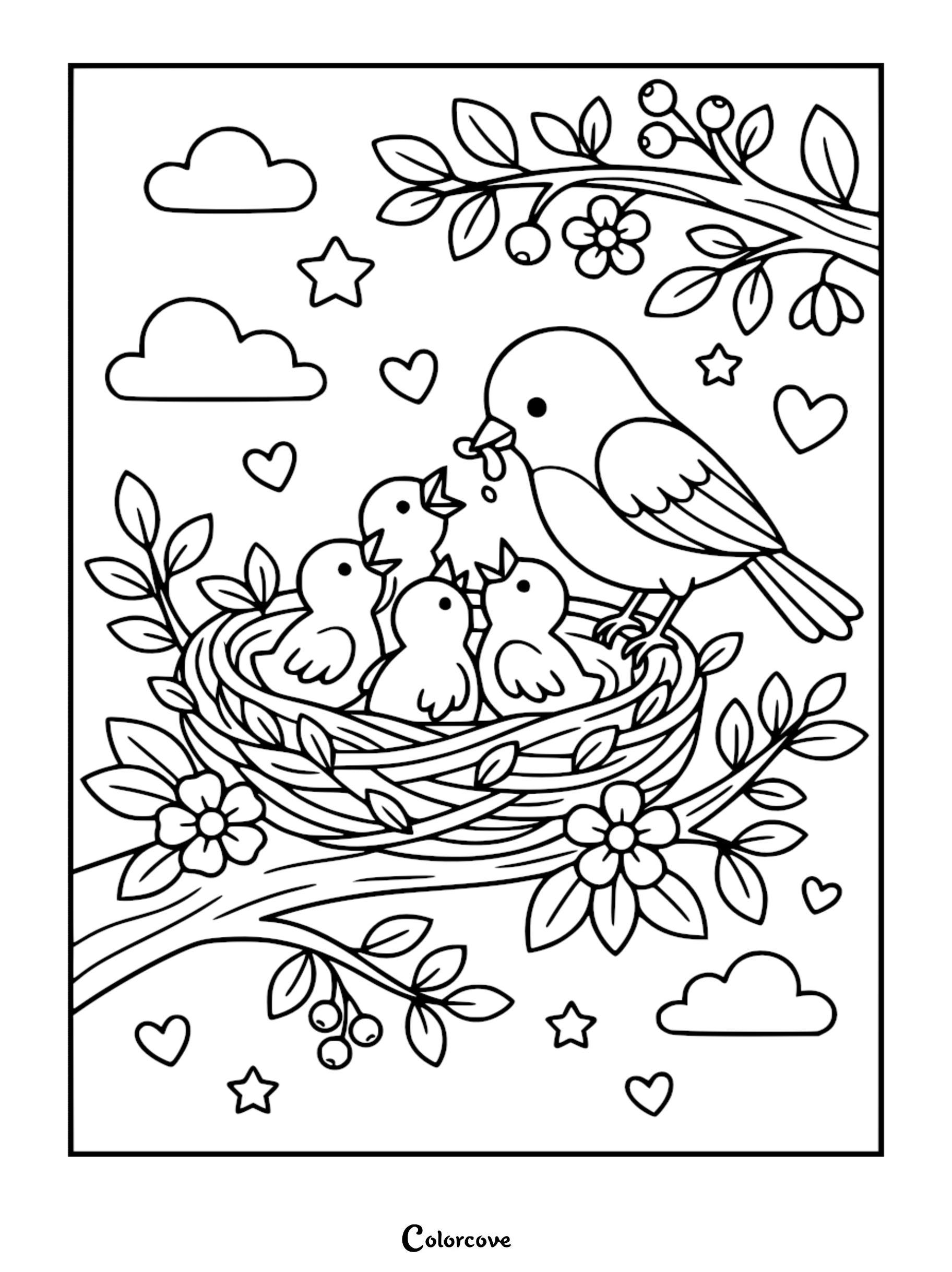 A Mommy & Me bird coloring page showing a mother bird feeding three hungry chicks in a nest on a flowering tree branch with hearts and stars in the background.