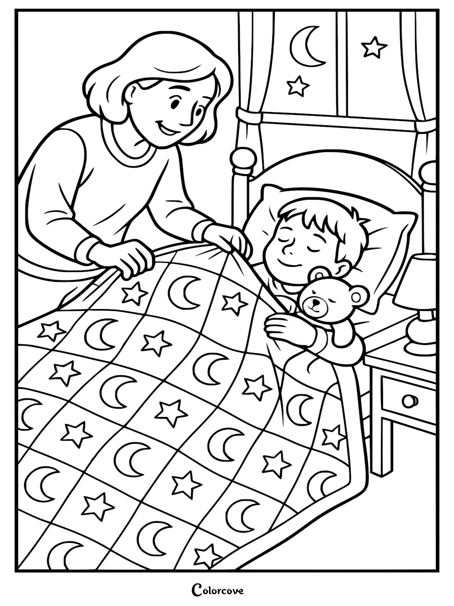 A Mommy & Me coloring page showing a mother tucking her young son into bed with a moon and star patterned quilt while he clutches a teddy bear.