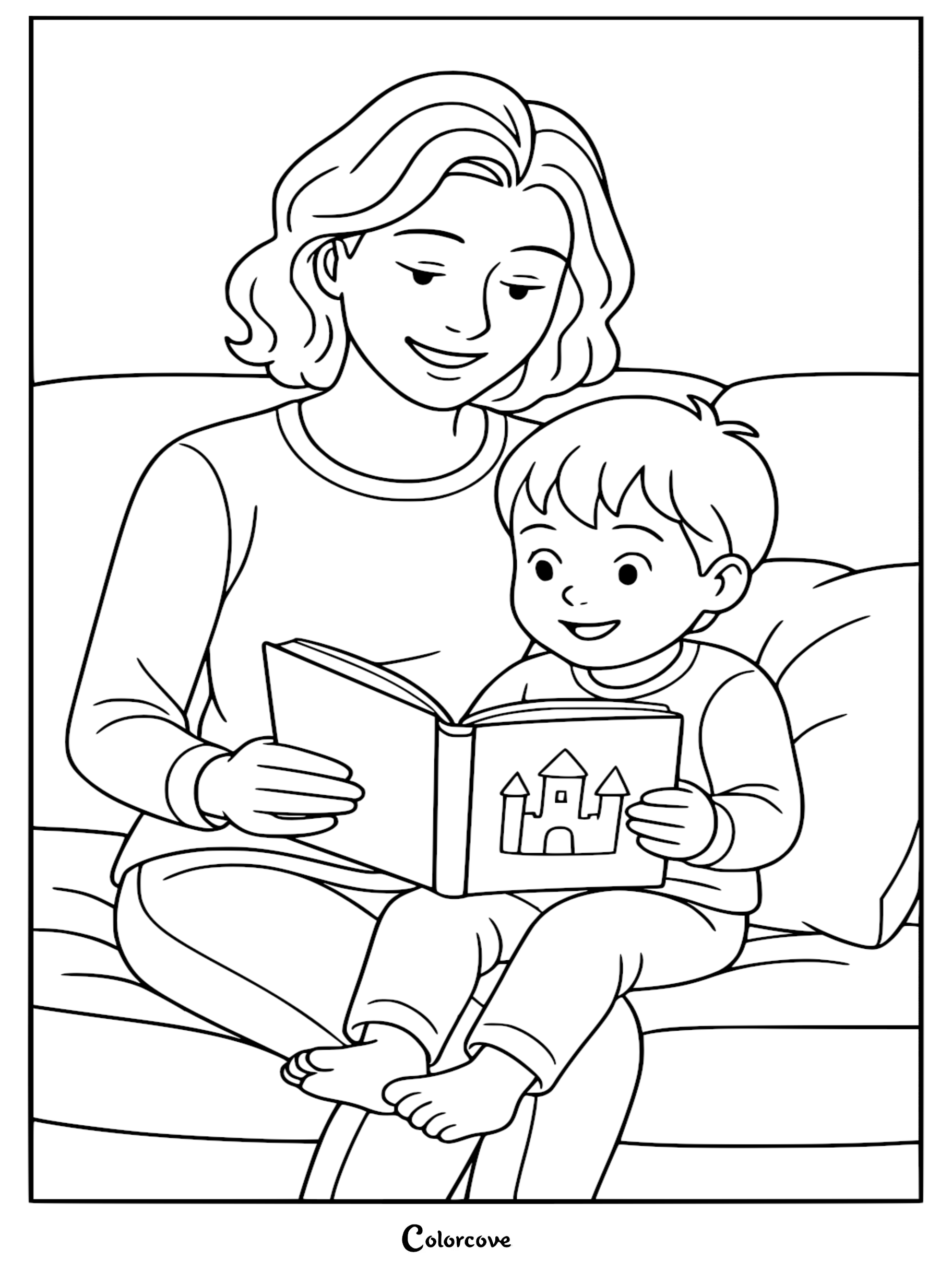 A Mommy & Me coloring page featuring a smiling mother sitting on a couch reading a book with a castle illustration to her young son.