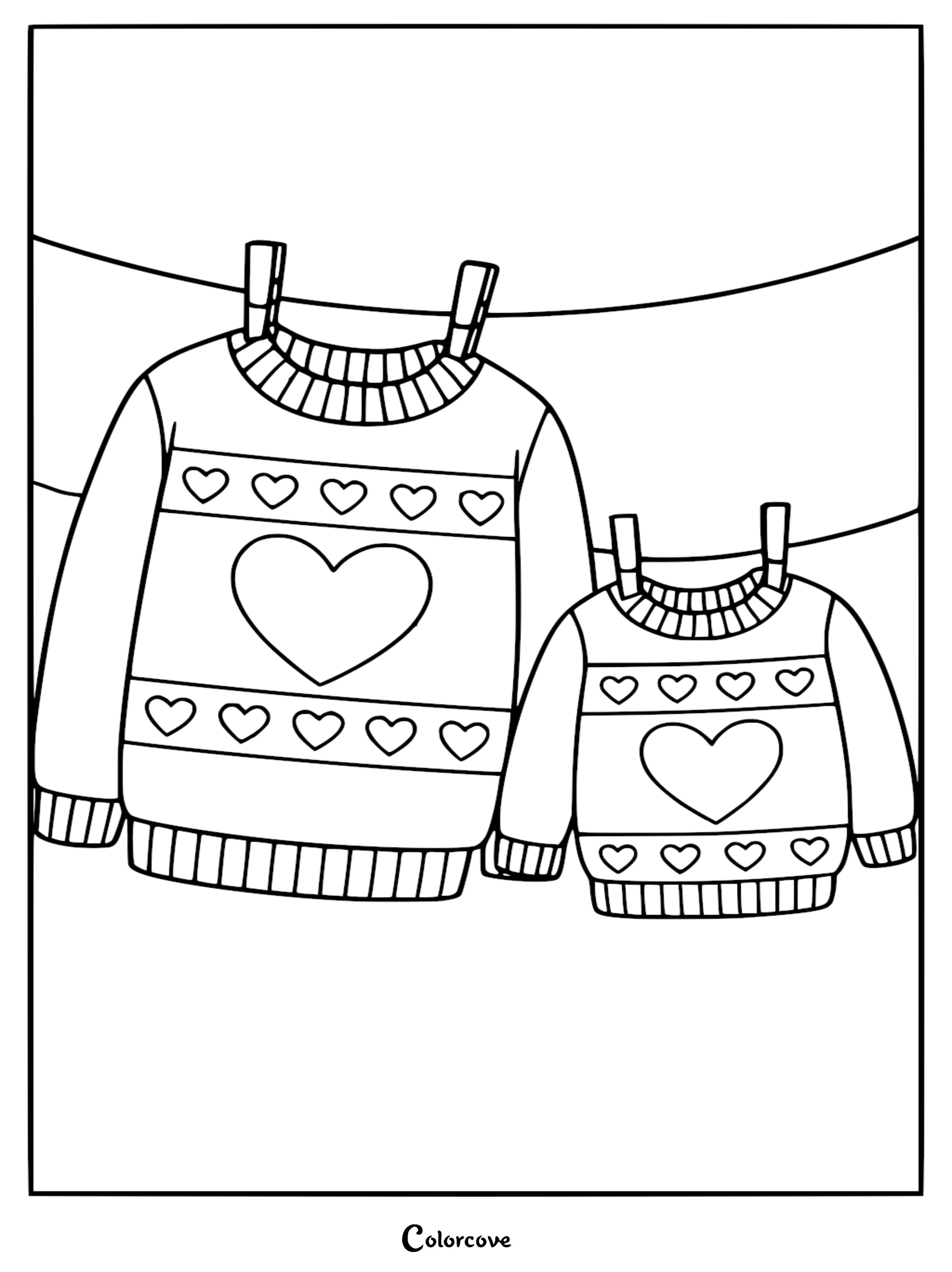 Matching adult and child heart-patterned sweaters hanging on a clothesline in this Mommy & Me coloring page.