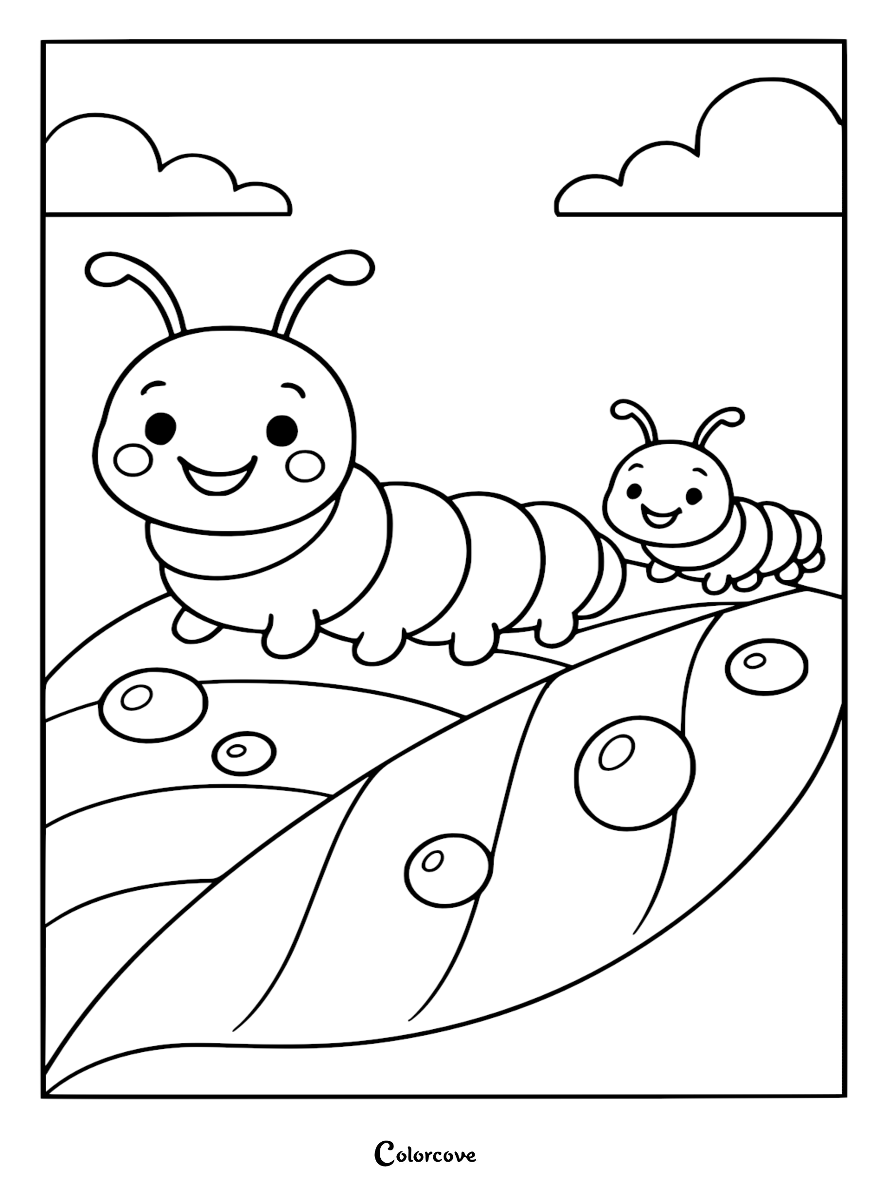A Mommy & Me coloring page featuring a mother caterpillar and her baby crawling together on a large leaf with berries under fluffy clouds.