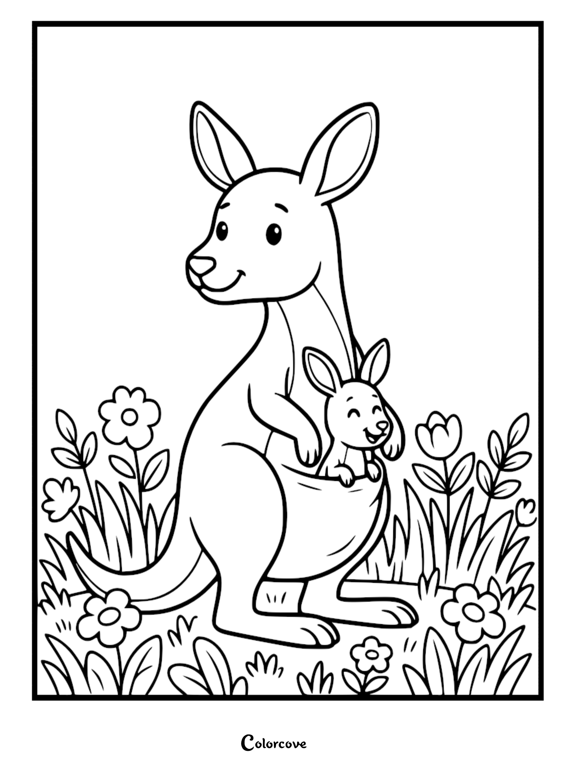 A friendly mother kangaroo with her happy joey peeking out of her pouch, surrounded by simple flowers and grass in this black and white printable coloring page.