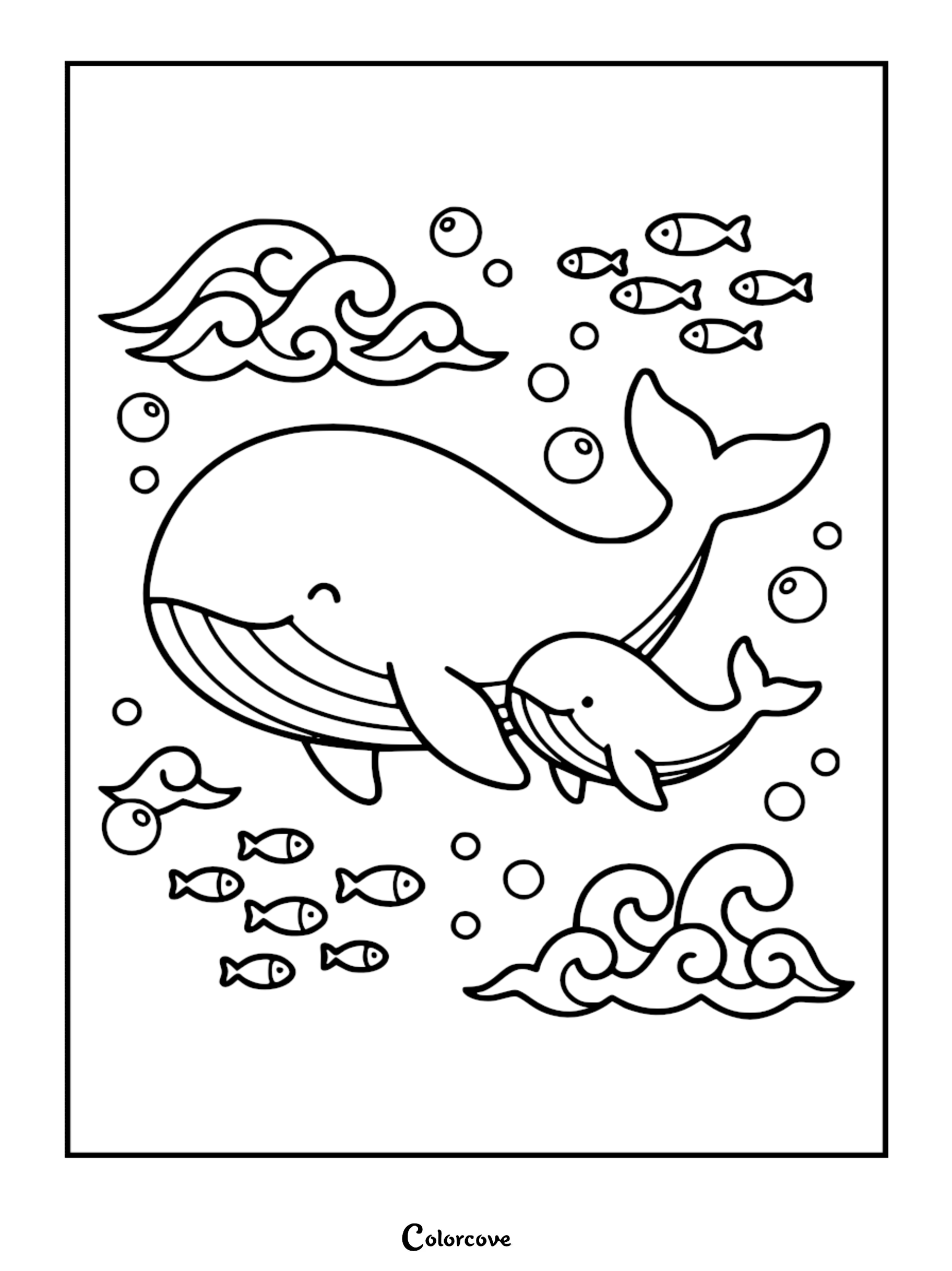 A Mommy & Me whale coloring page featuring a large mother whale swimming alongside her small calf, surrounded by schools of fish, bubbles, and stylized ocean waves.