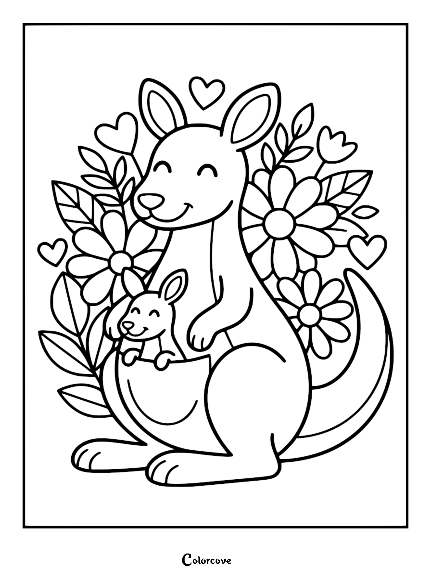 A sweet Mommy and Me coloring page featuring a smiling mother kangaroo with a joey in her pouch, surrounded by daisies and heart shapes.