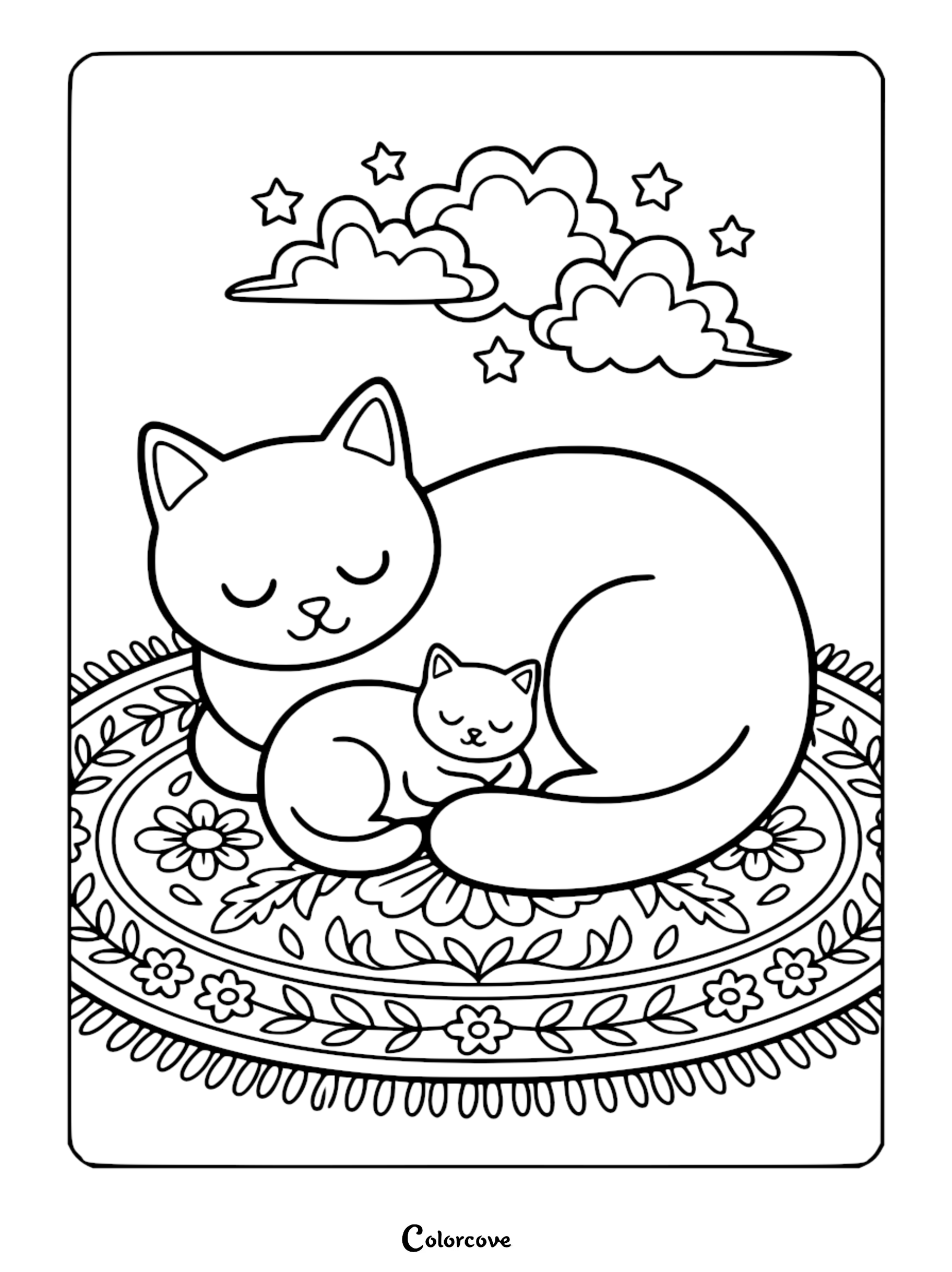 Mommy cat sleeping with her tiny kitten on a floral patterned rug, surrounded by clouds and stars in this Mommy & Me coloring page.