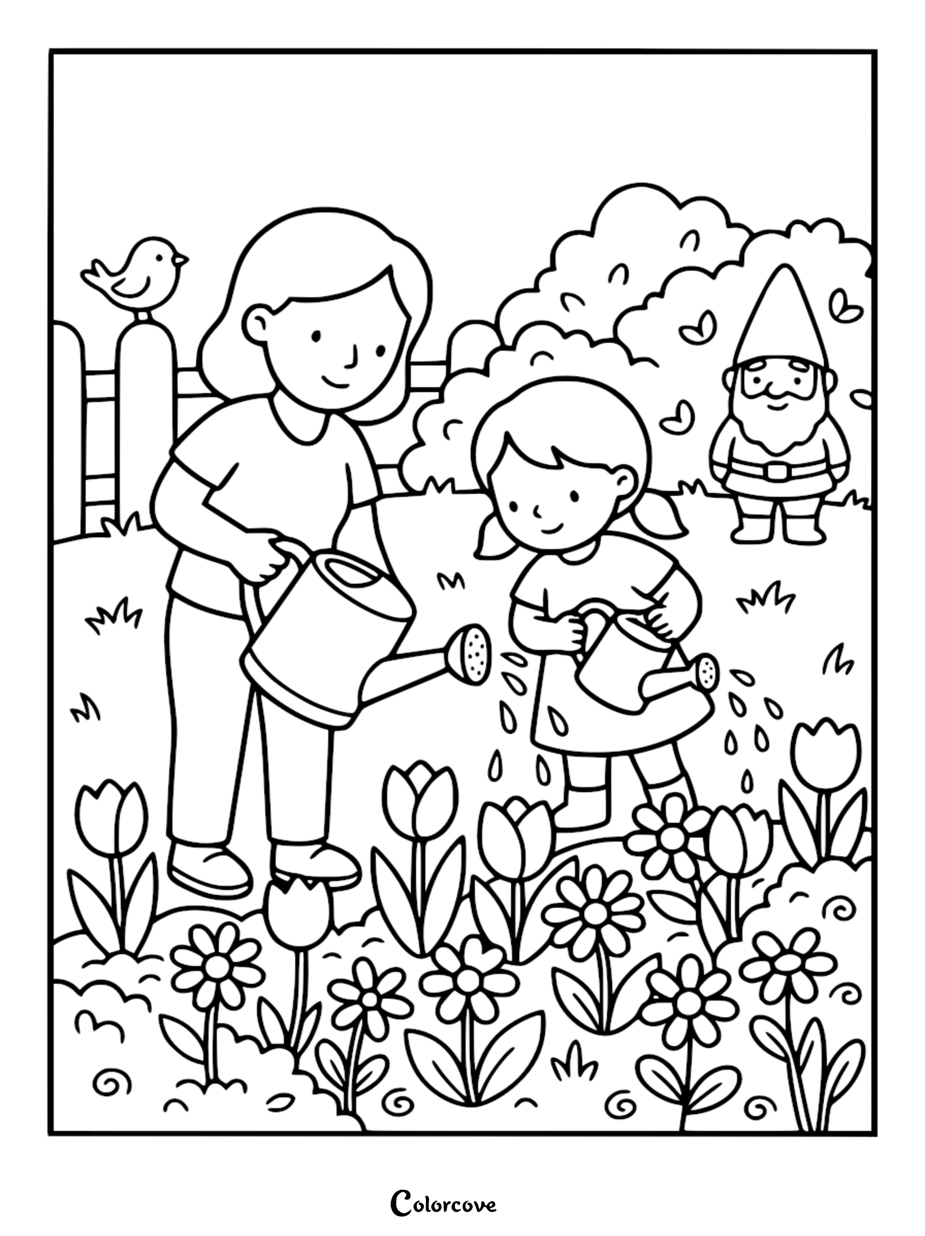 Mommy and daughter using watering cans to care for a flower garden with a bird and garden gnome in this printable coloring page.