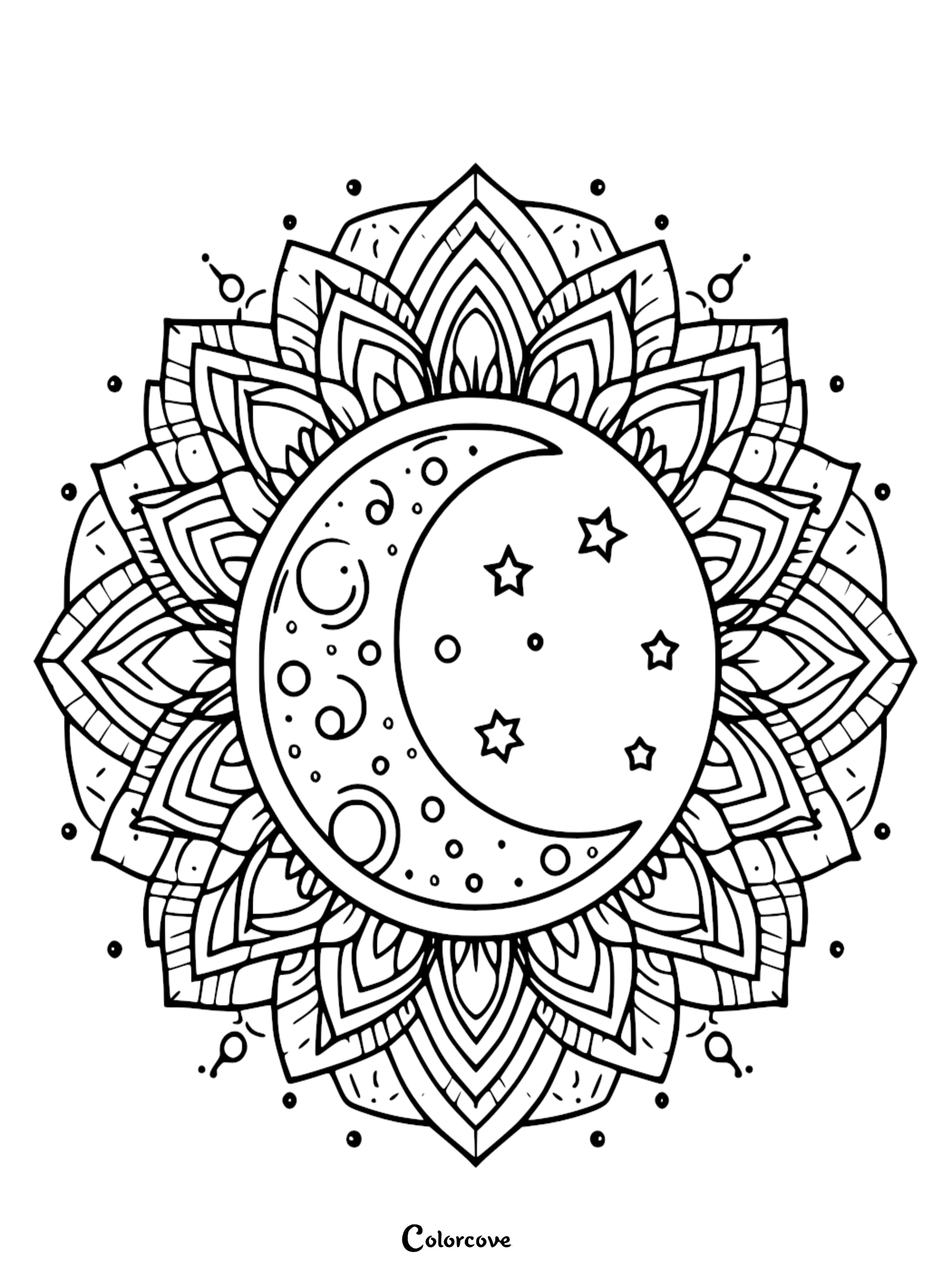 An intricate celestial mandala coloring page featuring a crescent moon and stars, perfect for relaxing adult coloring or creative kids.