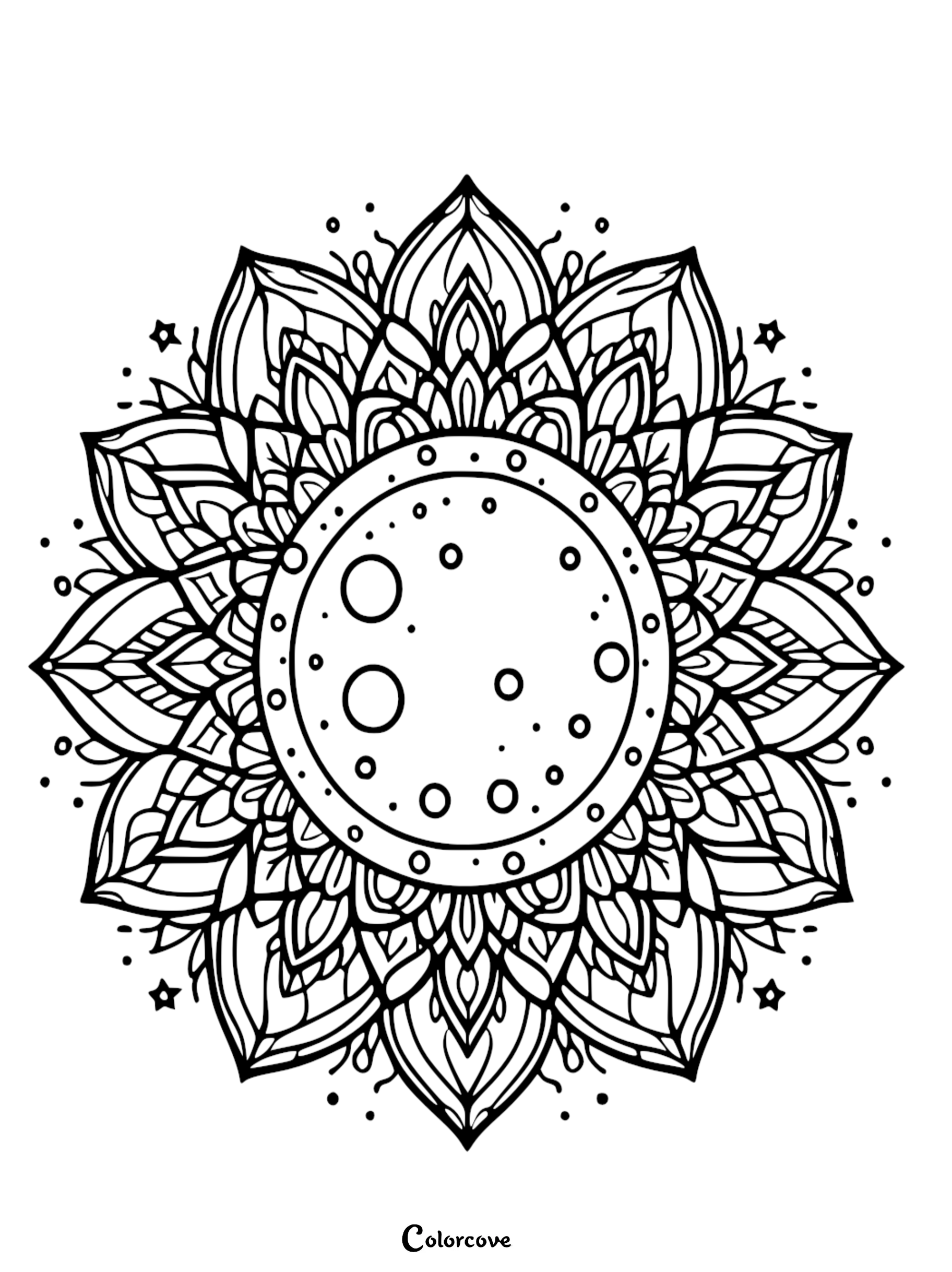 An intricate celestial moon mandala coloring page featuring detailed floral petals, moon craters, and tiny stars for stress relief and relaxation.