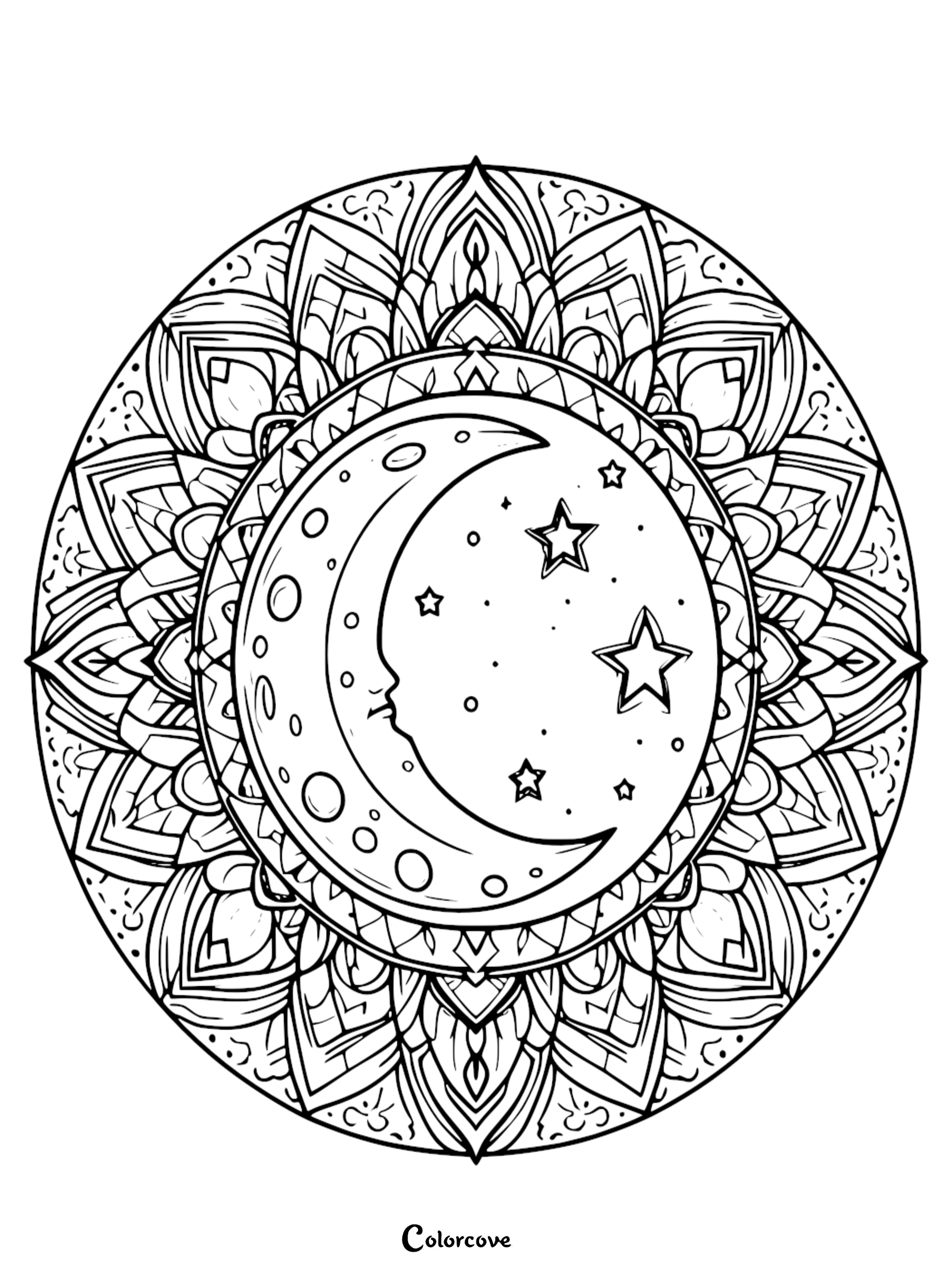 An intricate celestial mandala coloring page featuring a crescent moon and stars for adults and children.