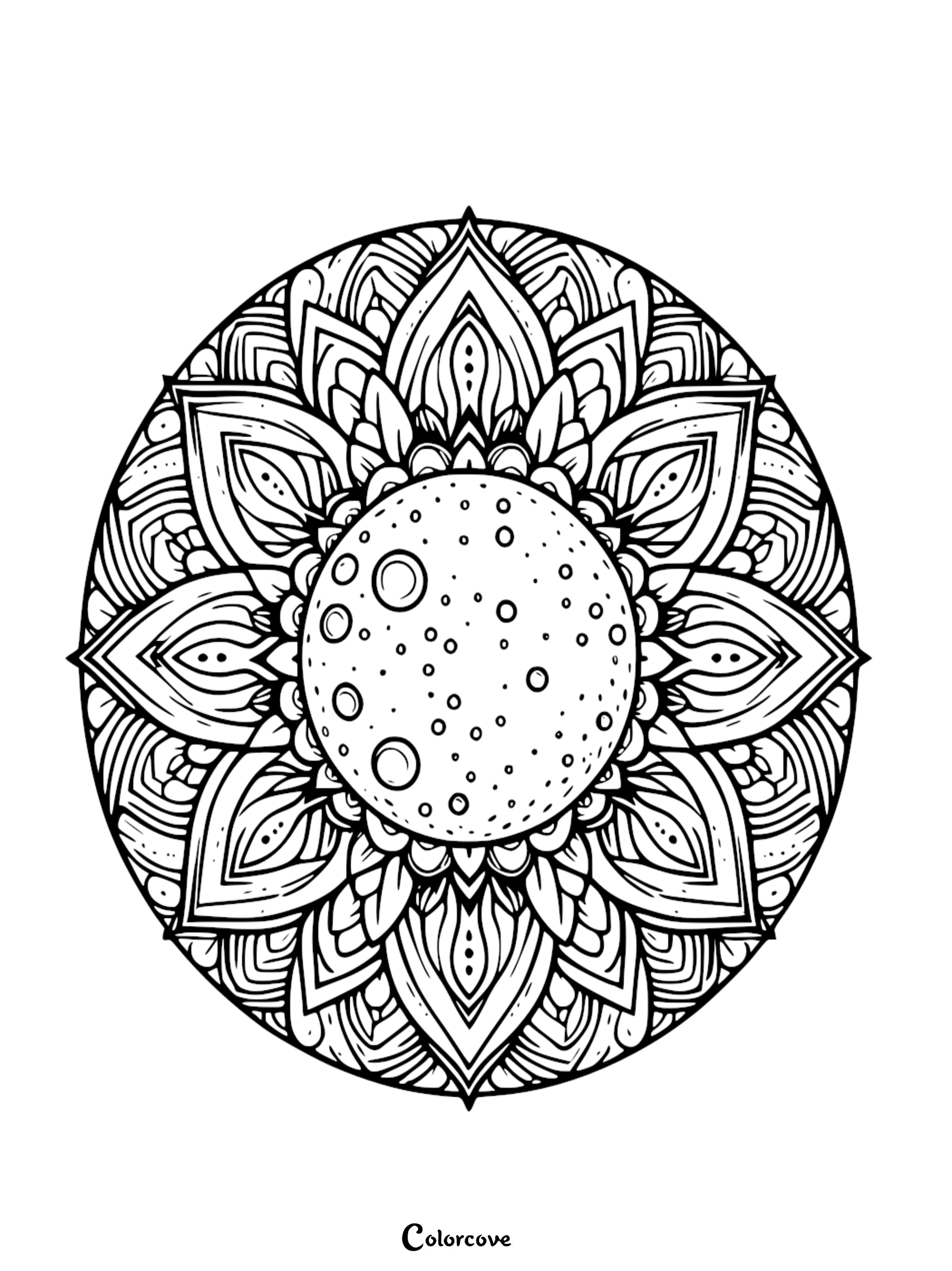 A detailed celestial moon mandala coloring page featuring a cratered full moon at the center surrounded by intricate floral and geometric patterns for adults and kids.