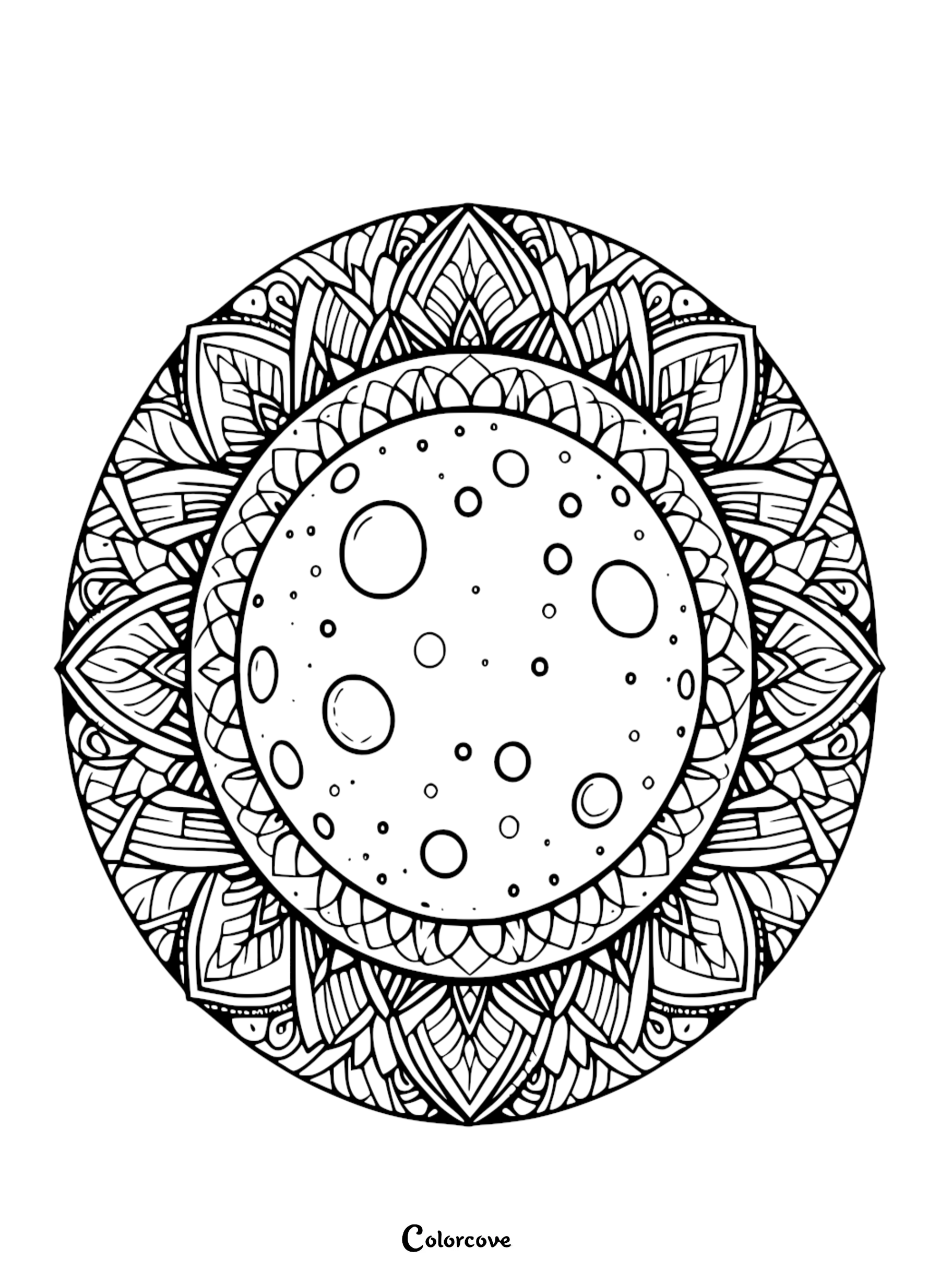 A detailed celestial moon mandala coloring page for adults and teens featuring a cratered moon surrounded by intricate geometric floral patterns for stress relief.
