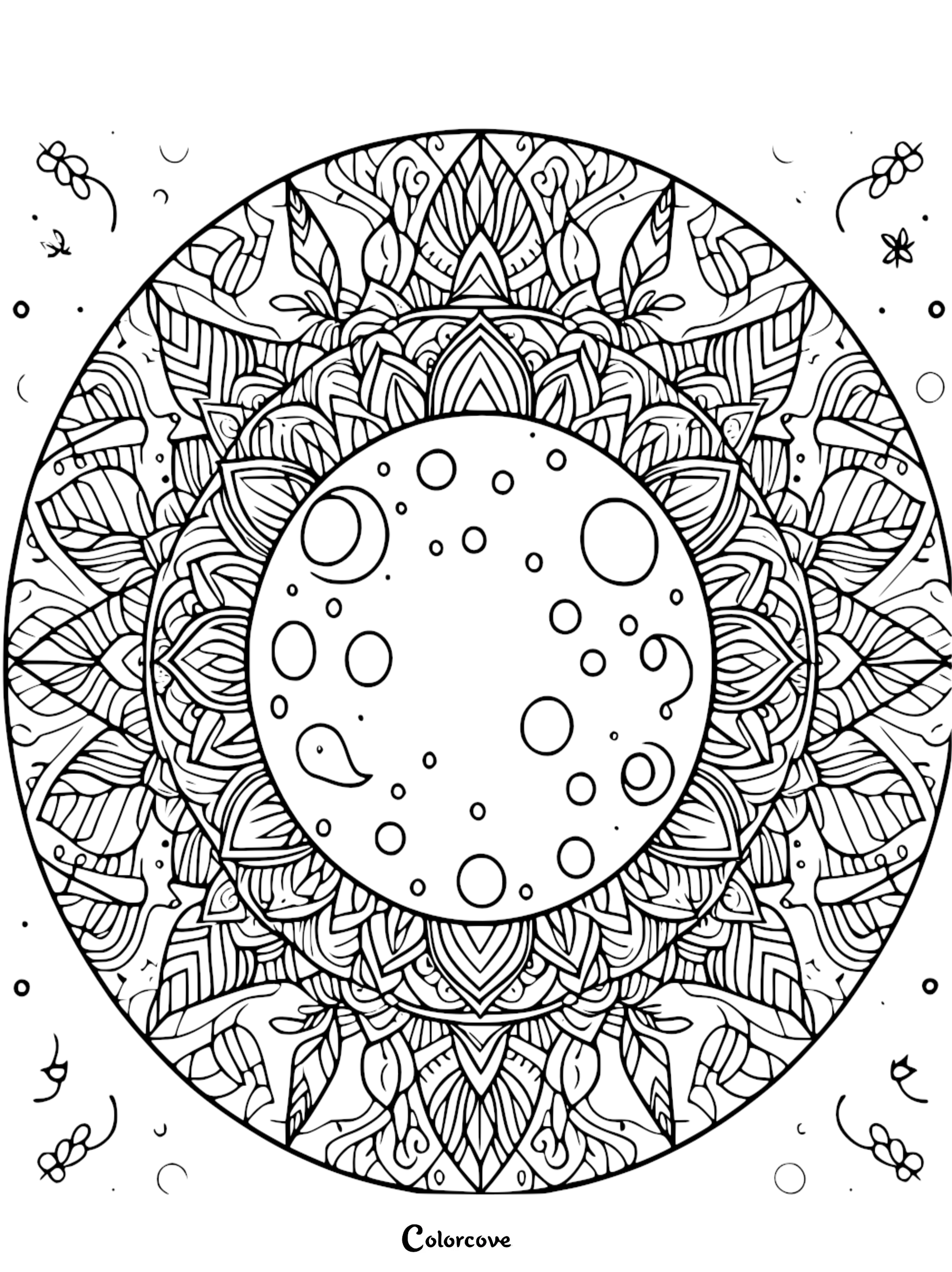 Detailed full moon mandala coloring page with intricate floral and leaf patterns for stress-relief and mindfulness.