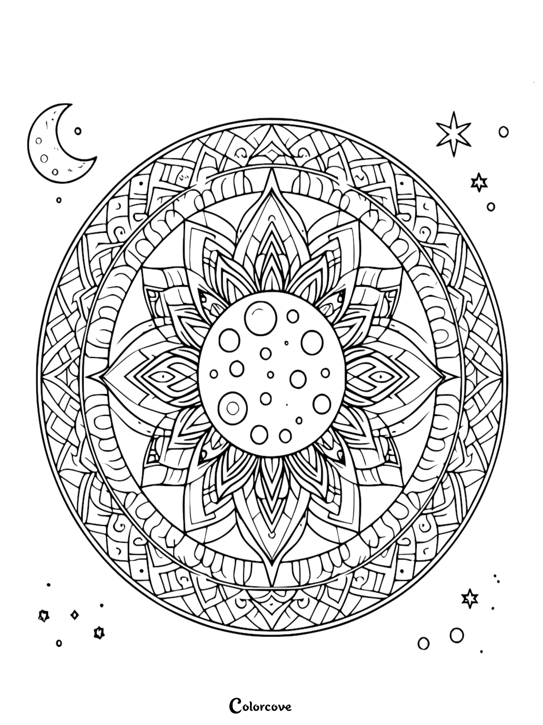 A detailed celestial mandala coloring page for adults and teens featuring an intricate geometric sun, a crescent moon, and stars.