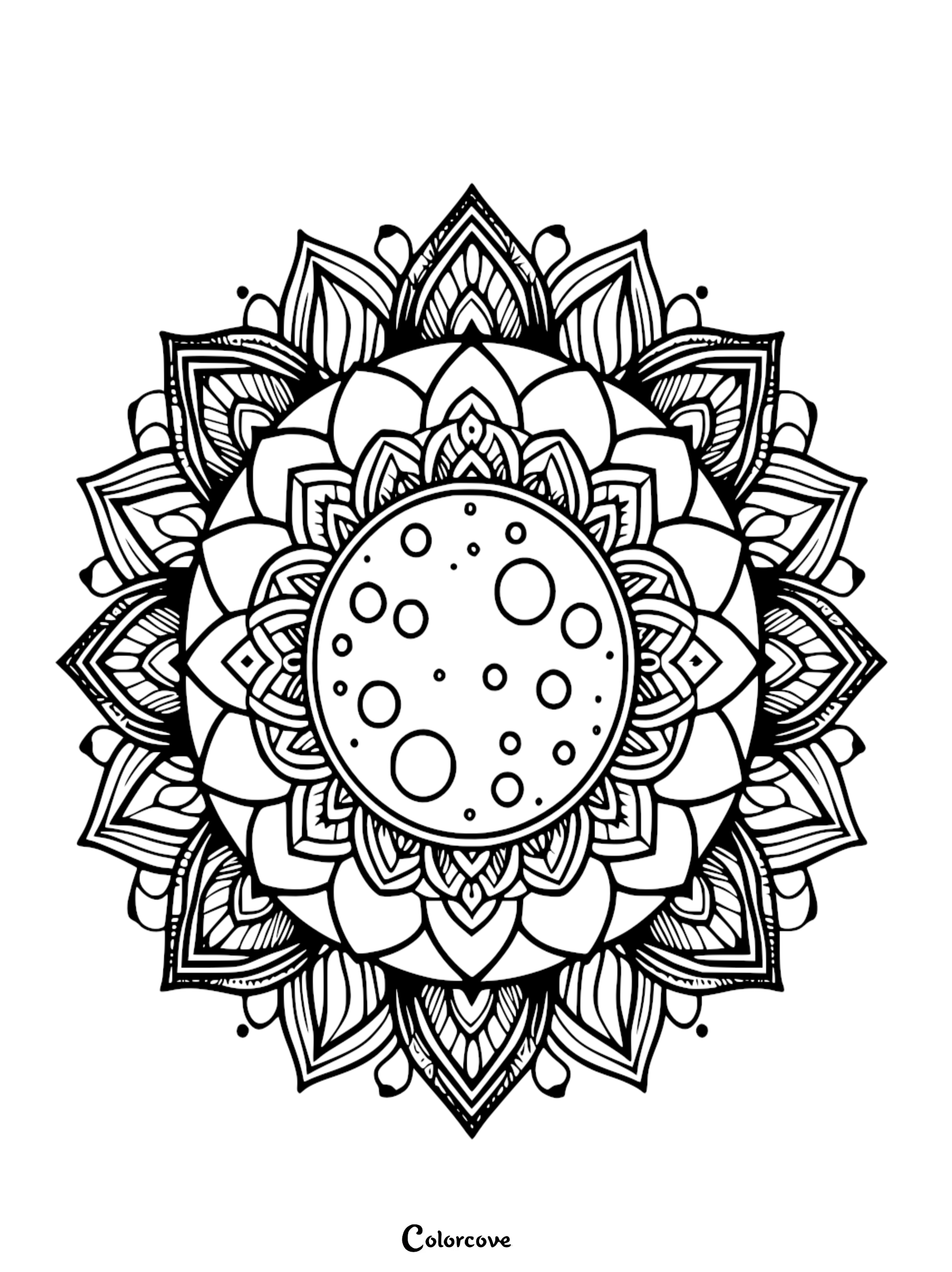 An intricate moon mandala coloring page featuring a cratered moon center surrounded by detailed floral petals and geometric patterns for stress relief.