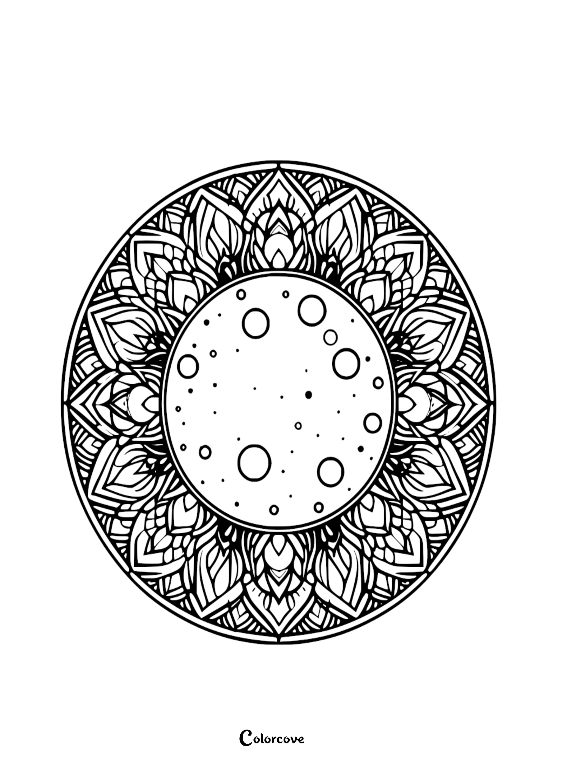 An intricate celestial moon mandala coloring page featuring a cratered full moon center surrounded by detailed floral patterns for stress relief and relaxation.