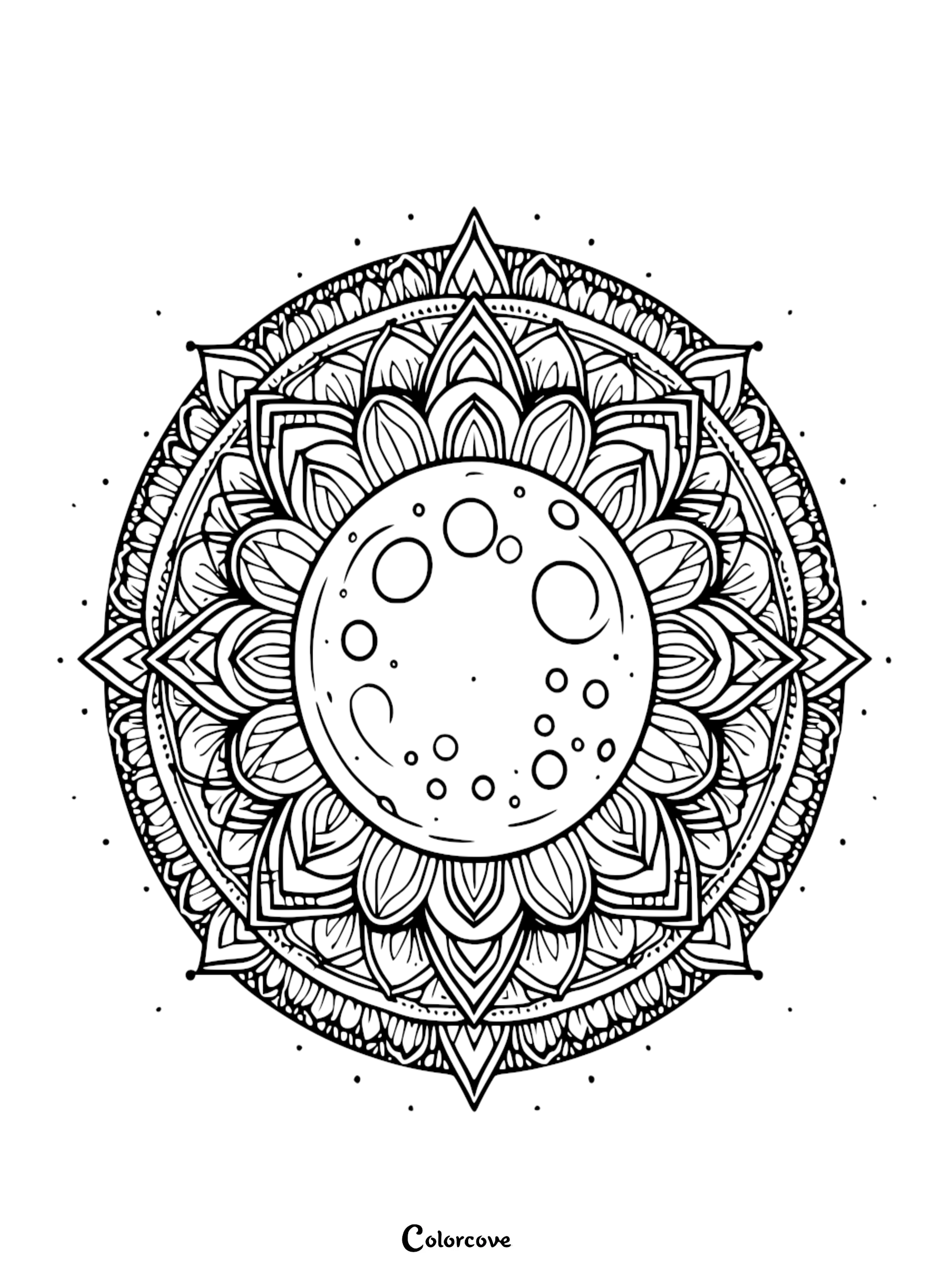 An intricate celestial full moon mandala coloring page featuring a cratered moon surrounded by detailed floral and geometric patterns.
