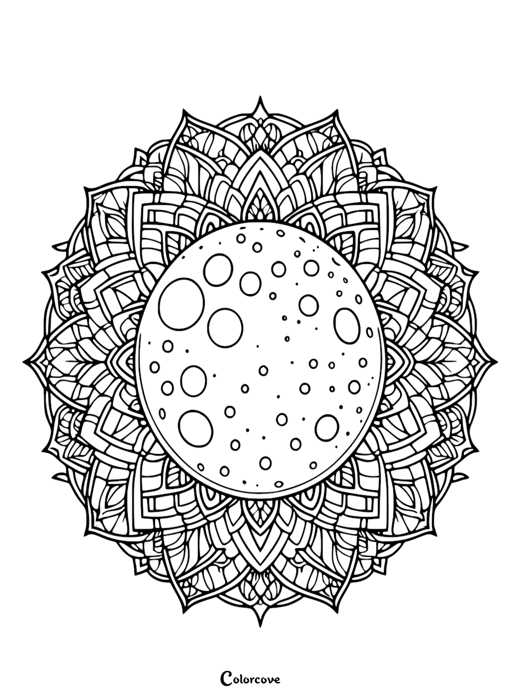 Detailed celestial full moon mandala coloring page featuring intricate geometric patterns and moon craters for relaxation and stress relief.