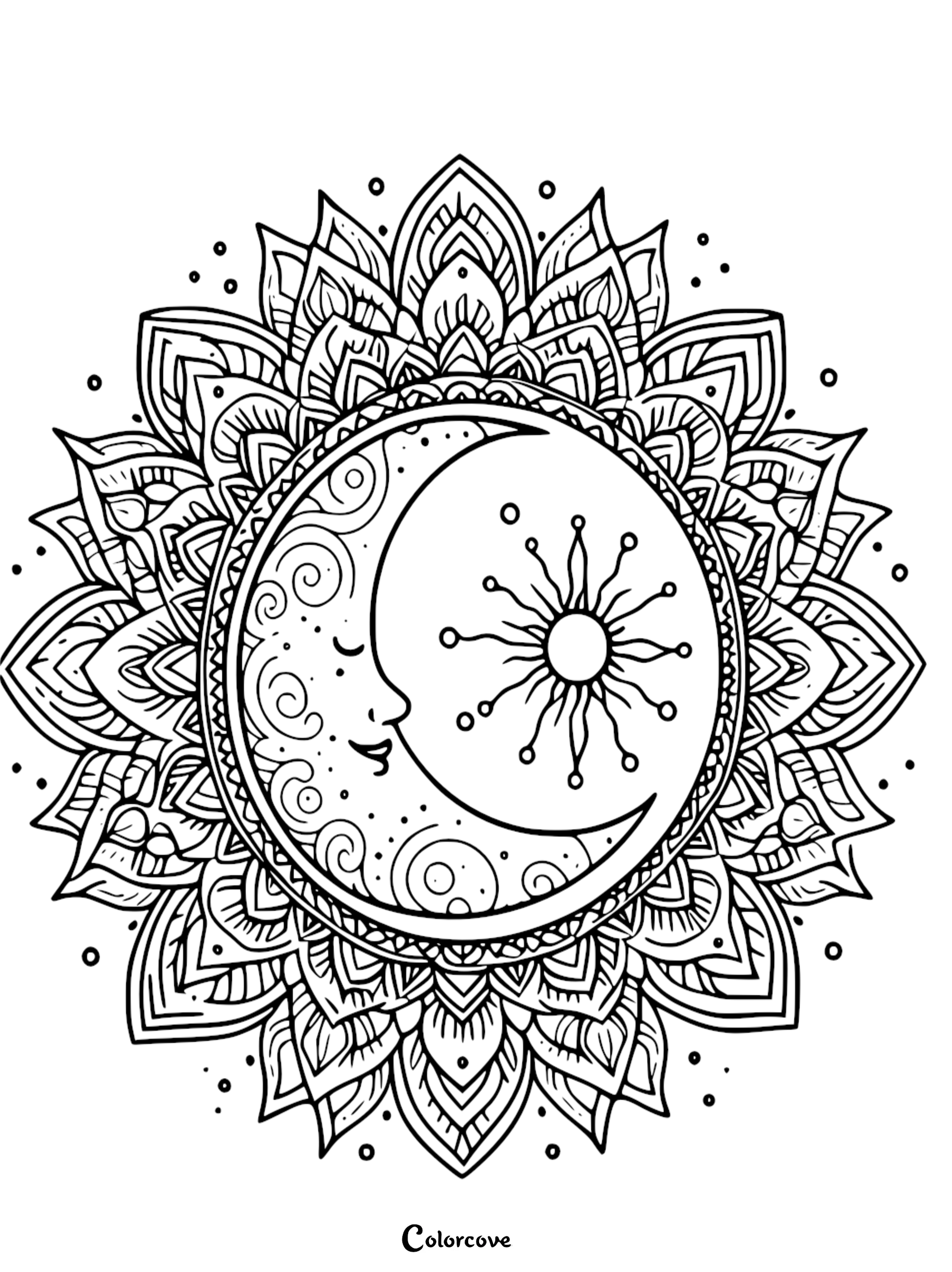 Intricate celestial mandala coloring page featuring a smiling crescent moon and sun design for adults and kids