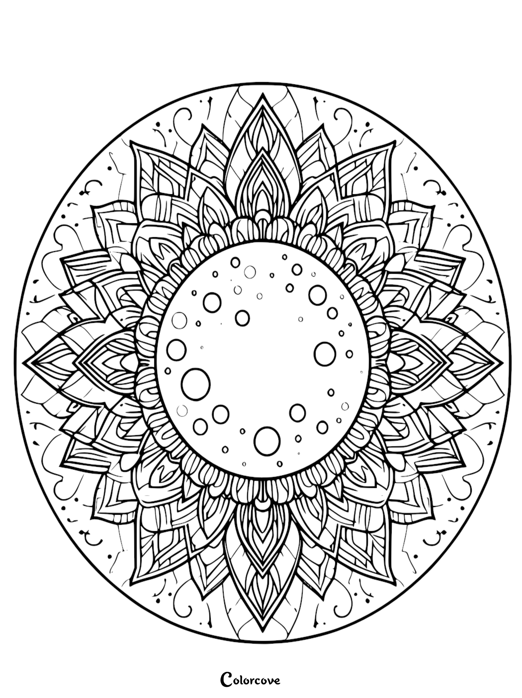 A highly detailed circular floral mandala coloring page with intricate petal layers and a bubbly center for stress relief and mindfulness.