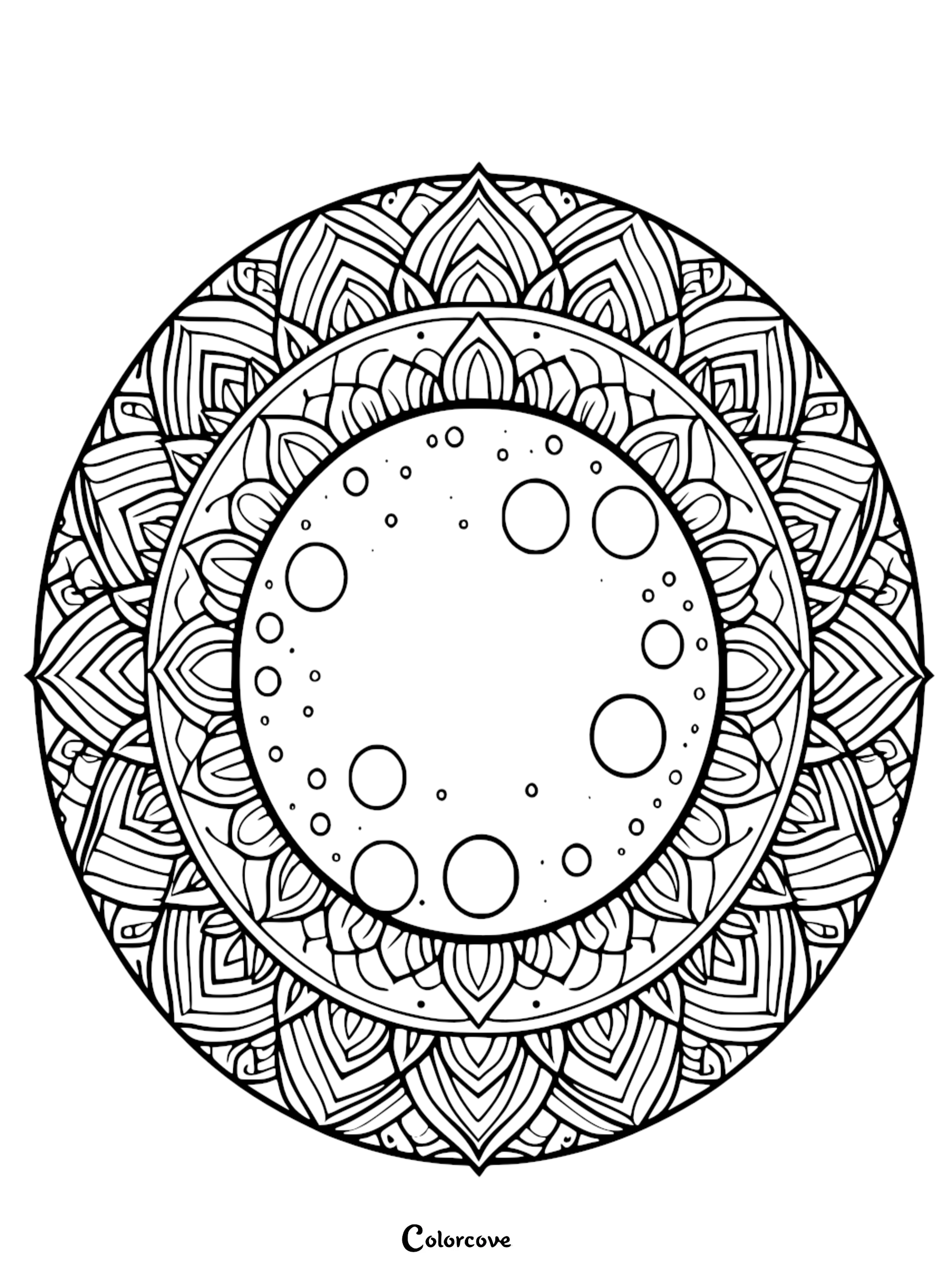 An intricate celestial moon mandala coloring page featuring a detailed full moon with craters surrounded by complex floral and geometric patterns for stress relief.