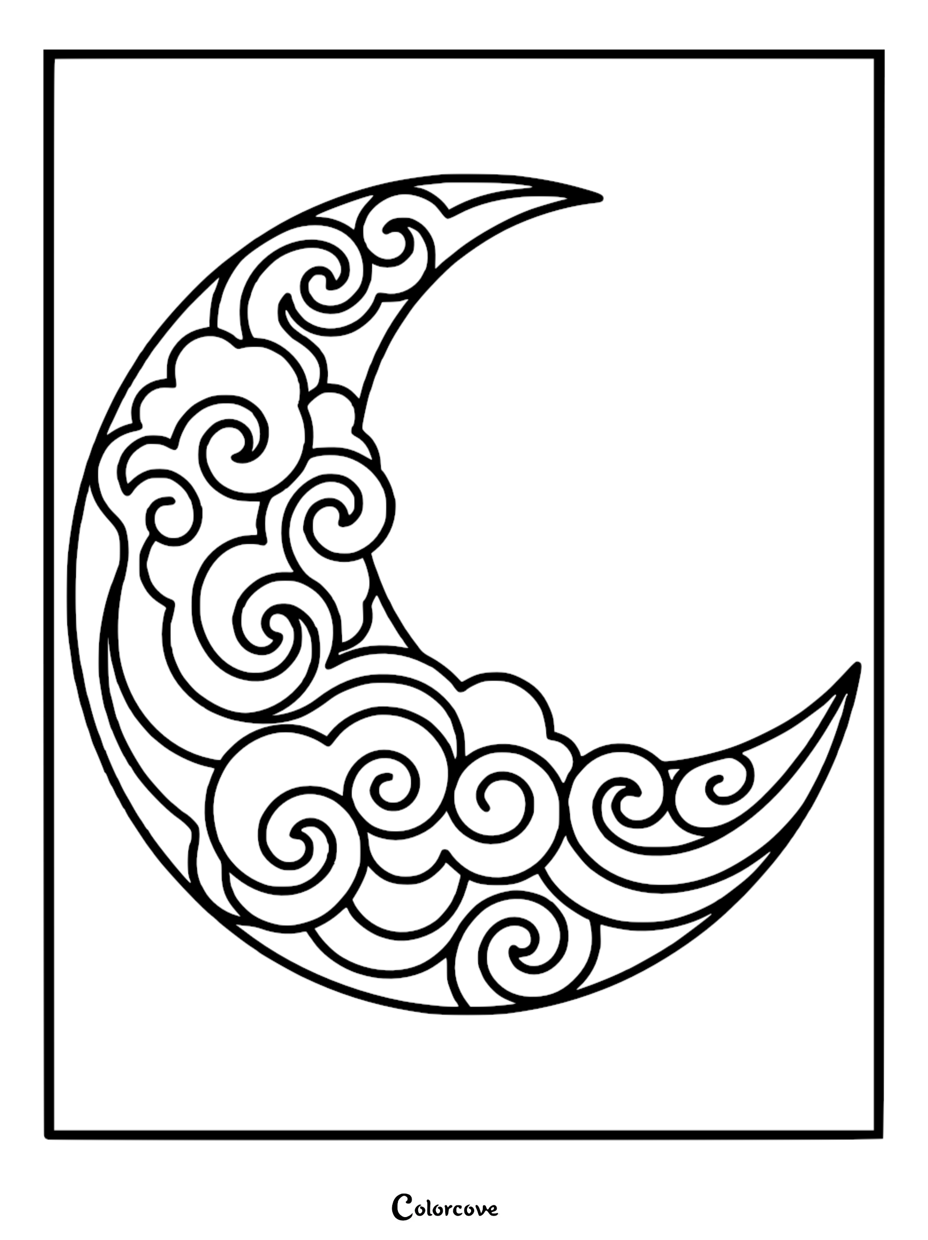 A beautiful crescent moon mandala coloring page featuring intricate swirls and cloud-like patterns for relaxing art therapy.