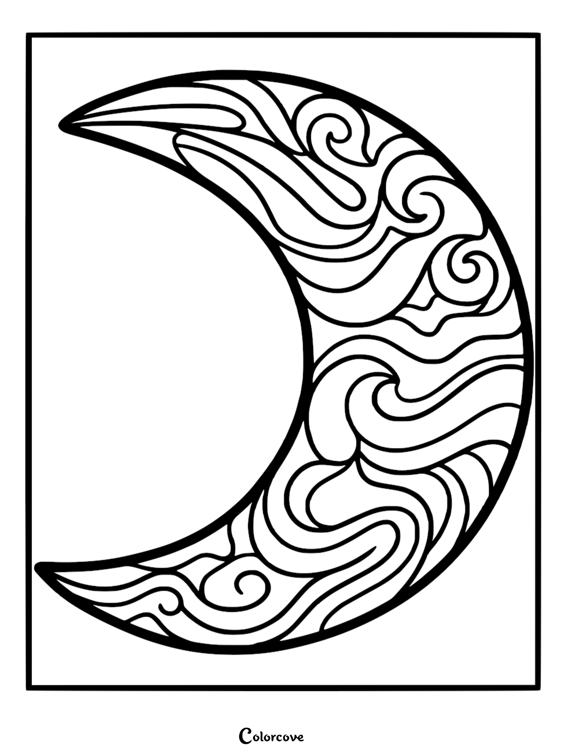 Intricate crescent moon mandala coloring page featuring swirling cloud patterns and abstract line art for adults and kids.